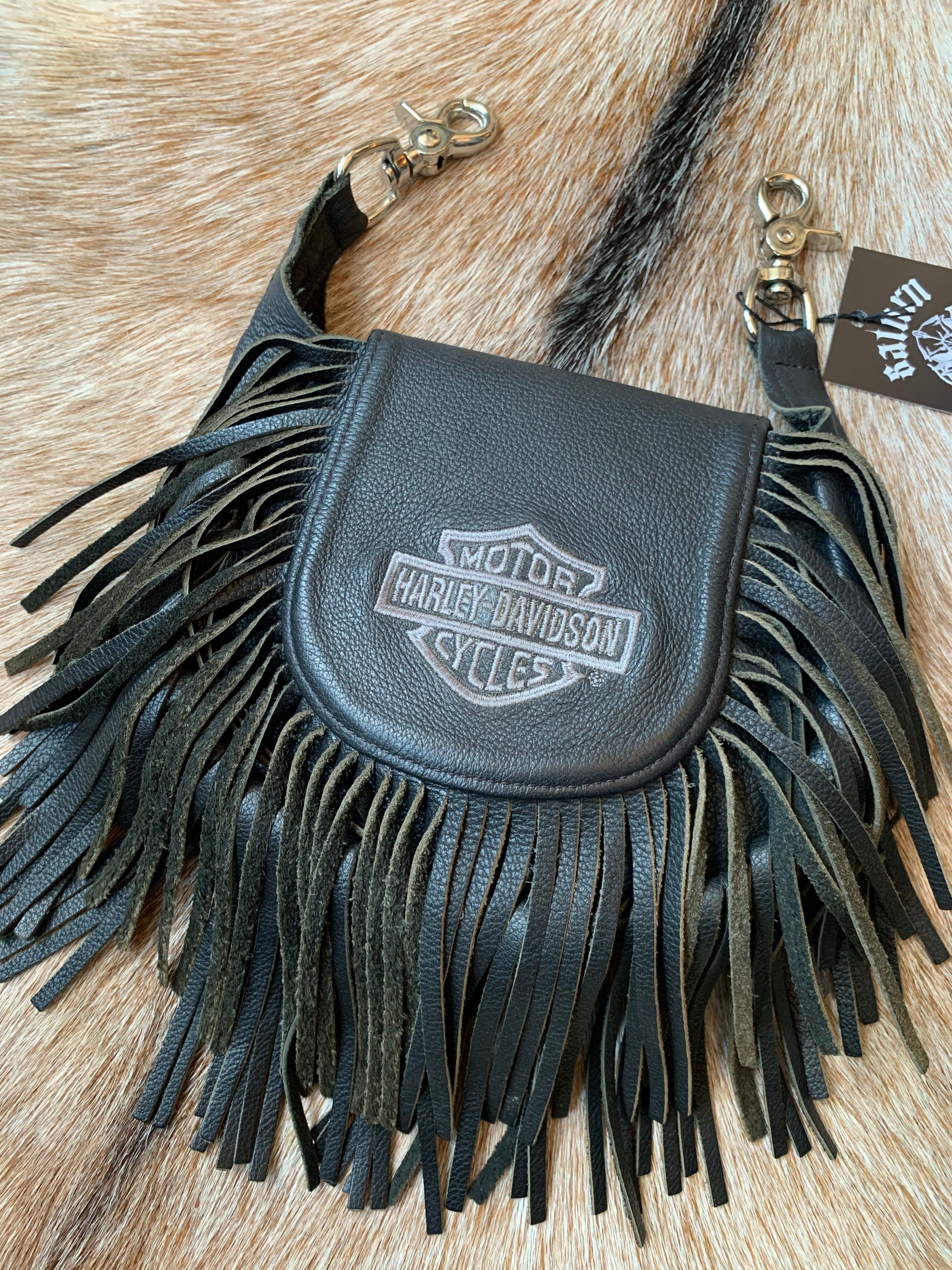 90s Vintage Black Leather Harley Davidson Fringe Purse Pouch / 