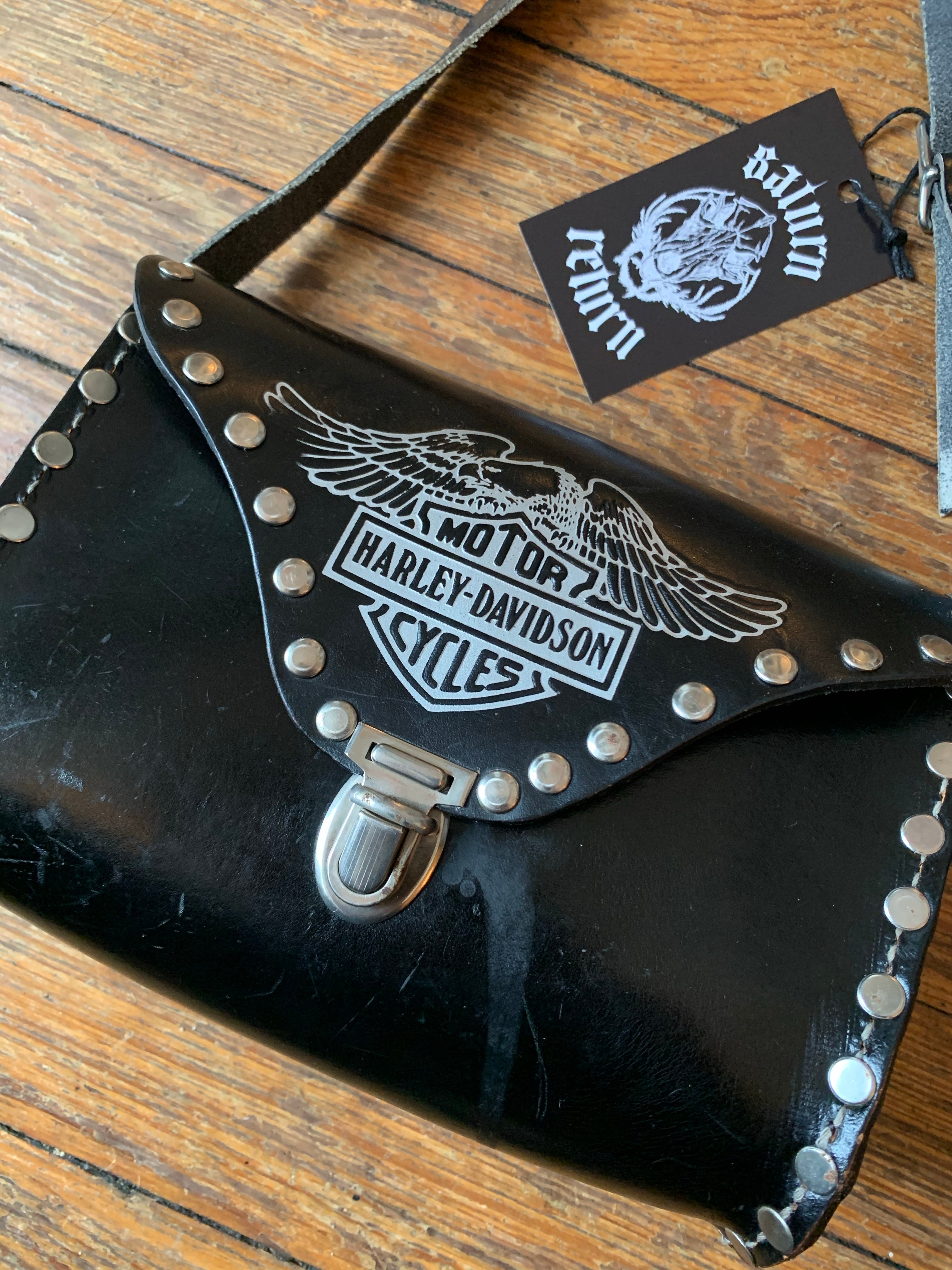 Vintage Harley-Davidson Black and Silver Logo Leather Studded Shoulder