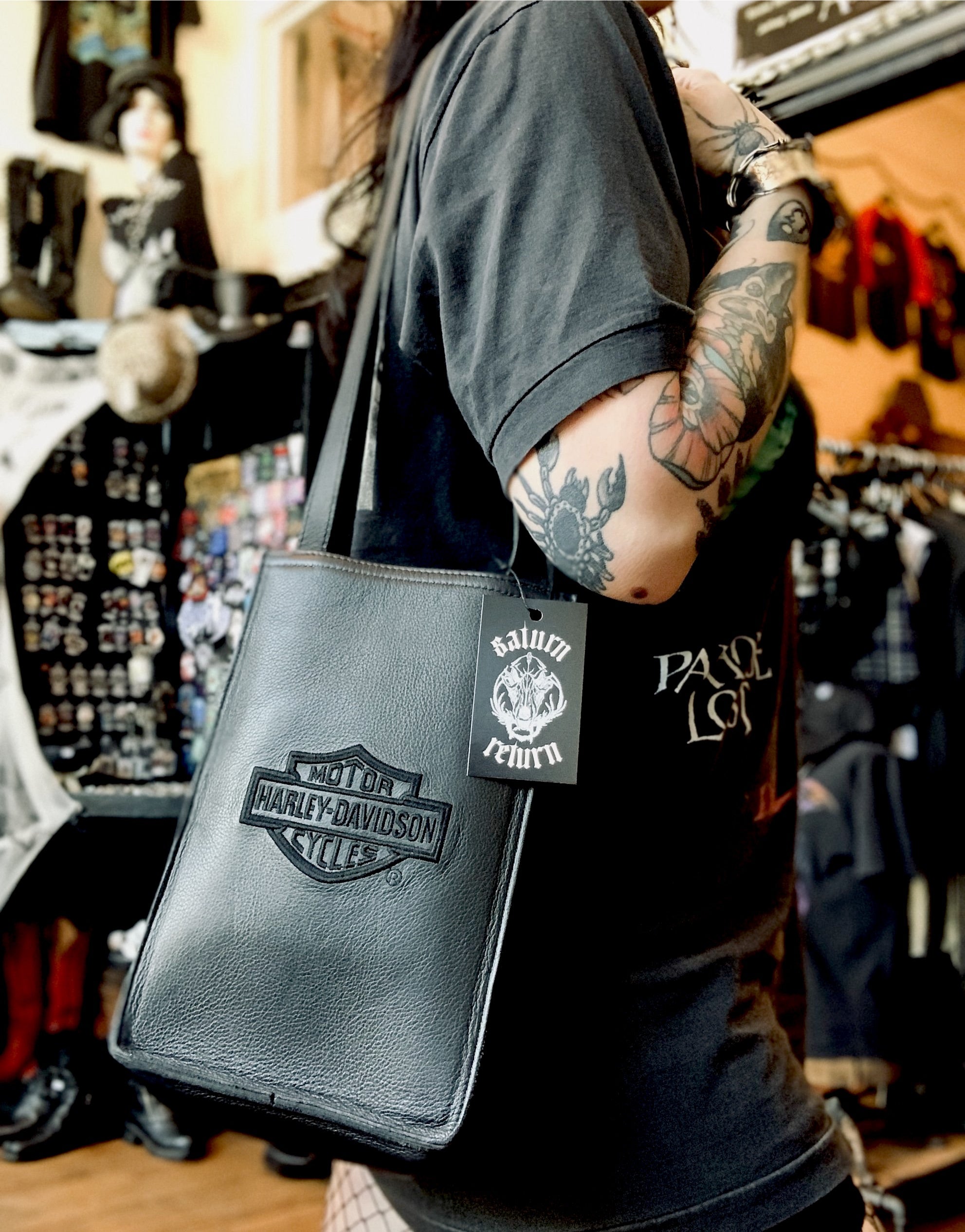 Vintage Harley Davidson Black Leather Shoulder Bag Purse Tote