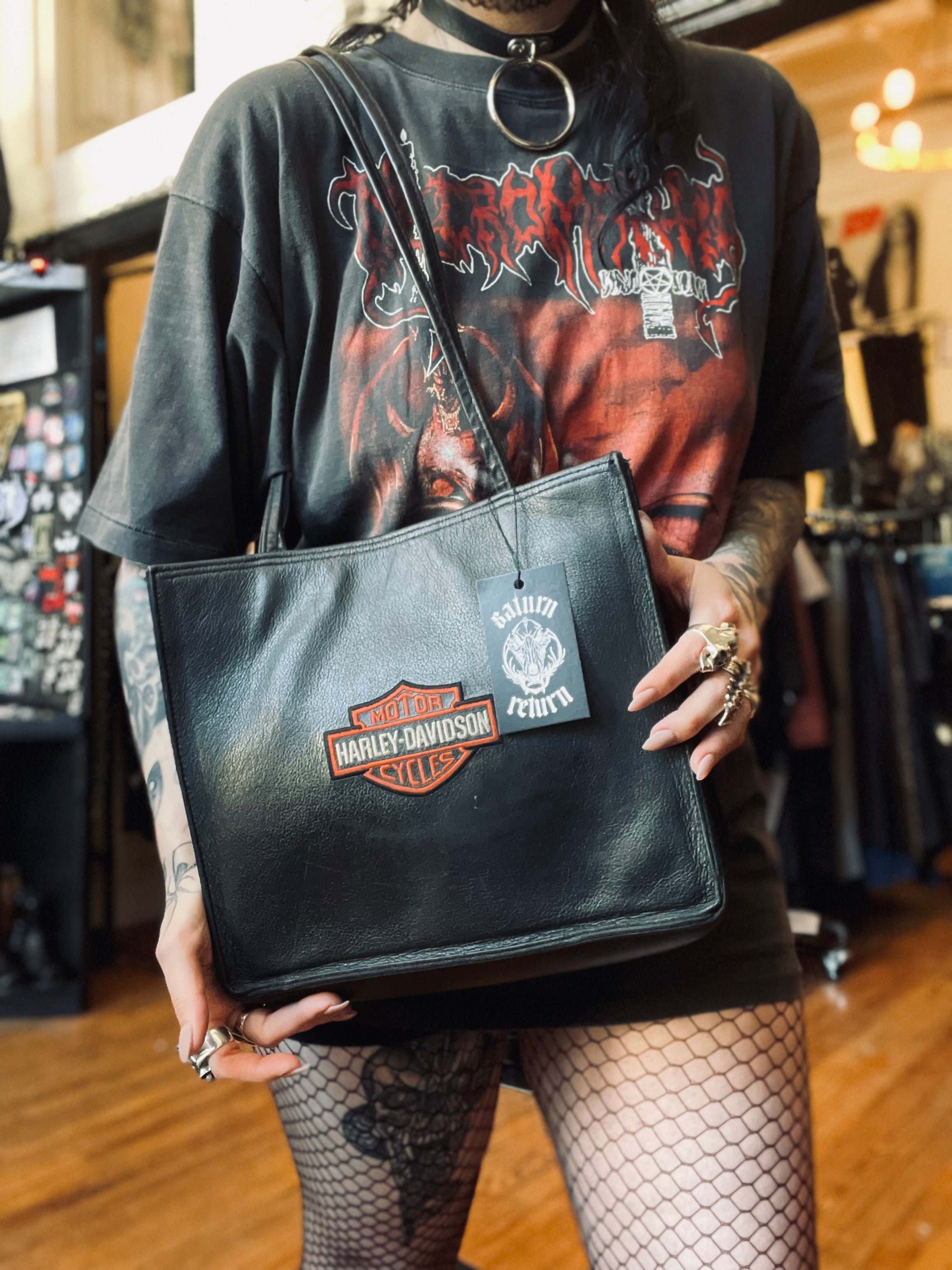 Vintage Harley Davidson Black Leather Shoulder Bag Purse Tote Embroidered  Logo