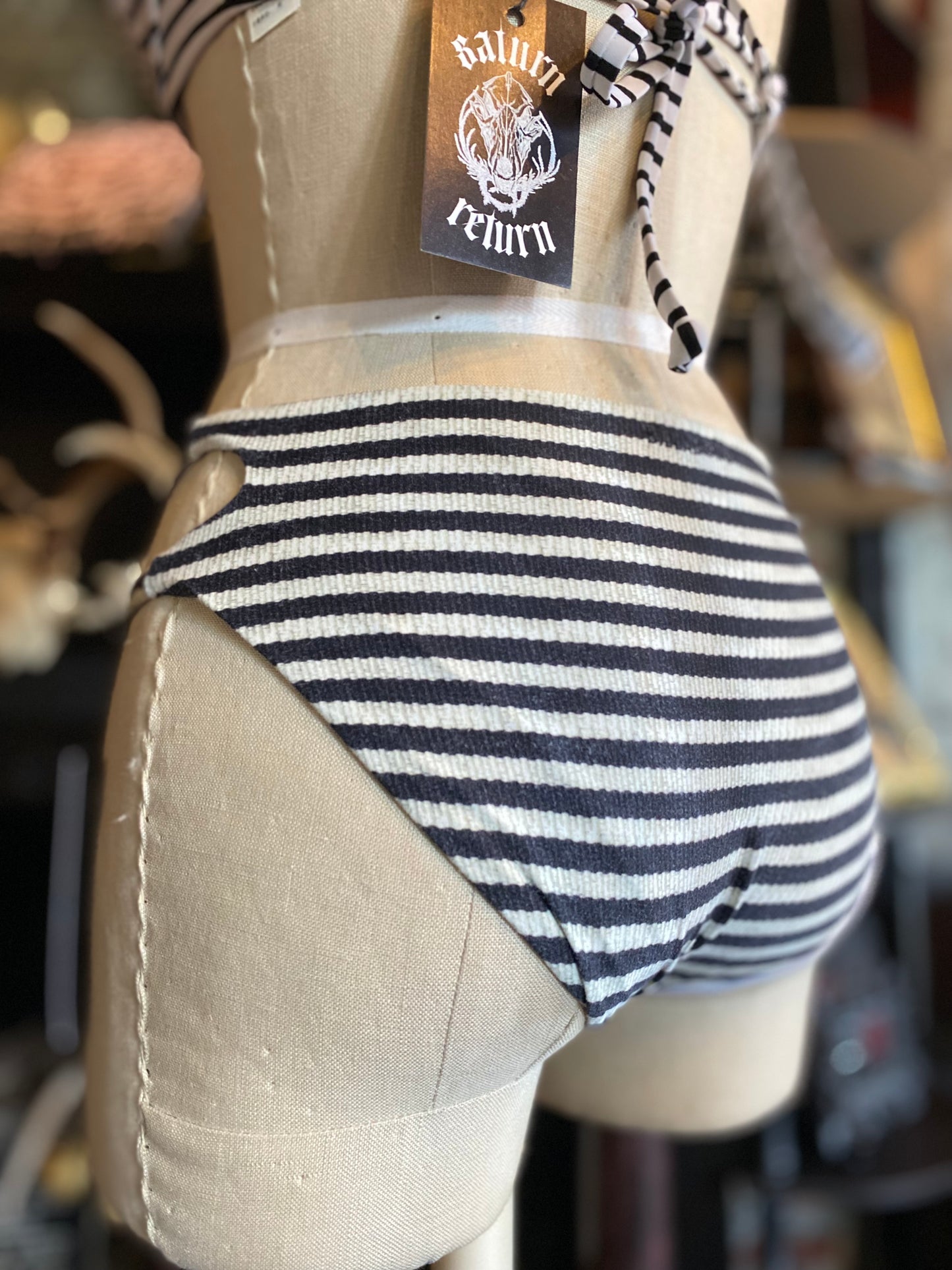 Black and White Striped Cut-Out Swimsuit Bottoms