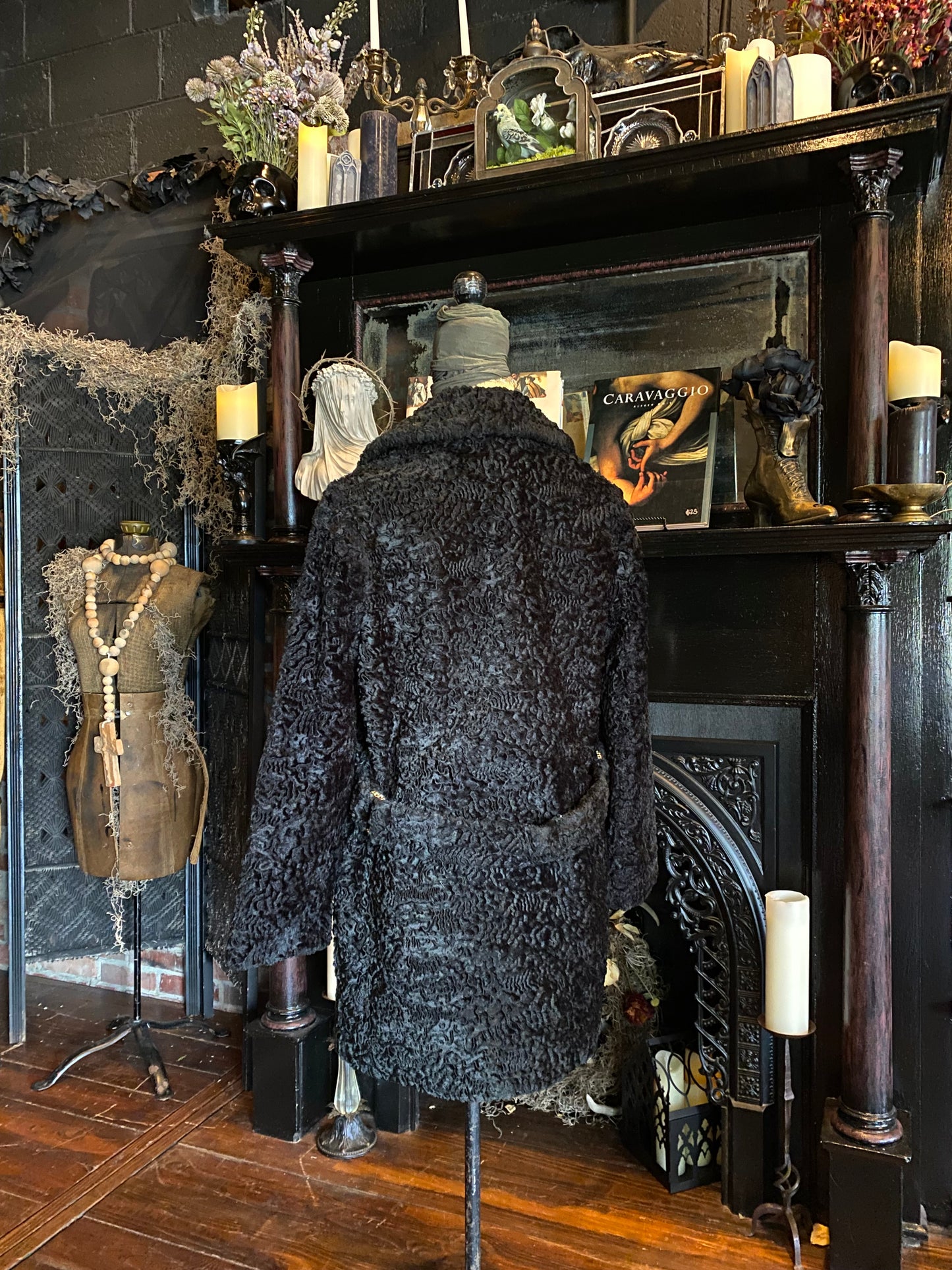 Black Textured Fur Double Breasted Coat