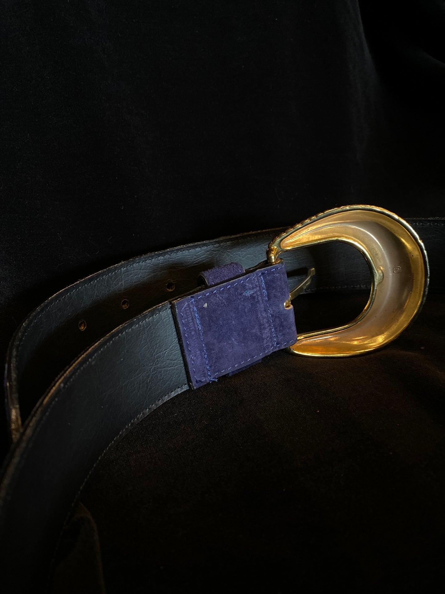 Blue Suede Belt with Gold Buckle