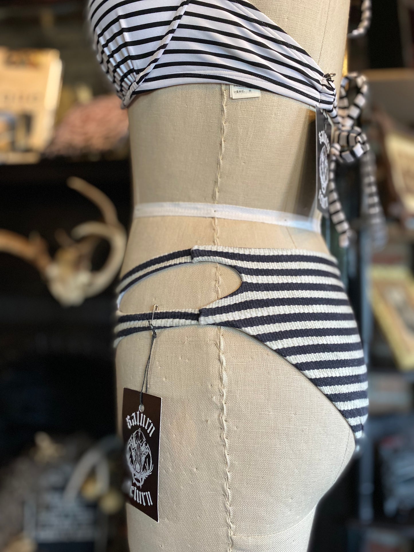 Black and White Striped Cut-Out Swimsuit Bottoms