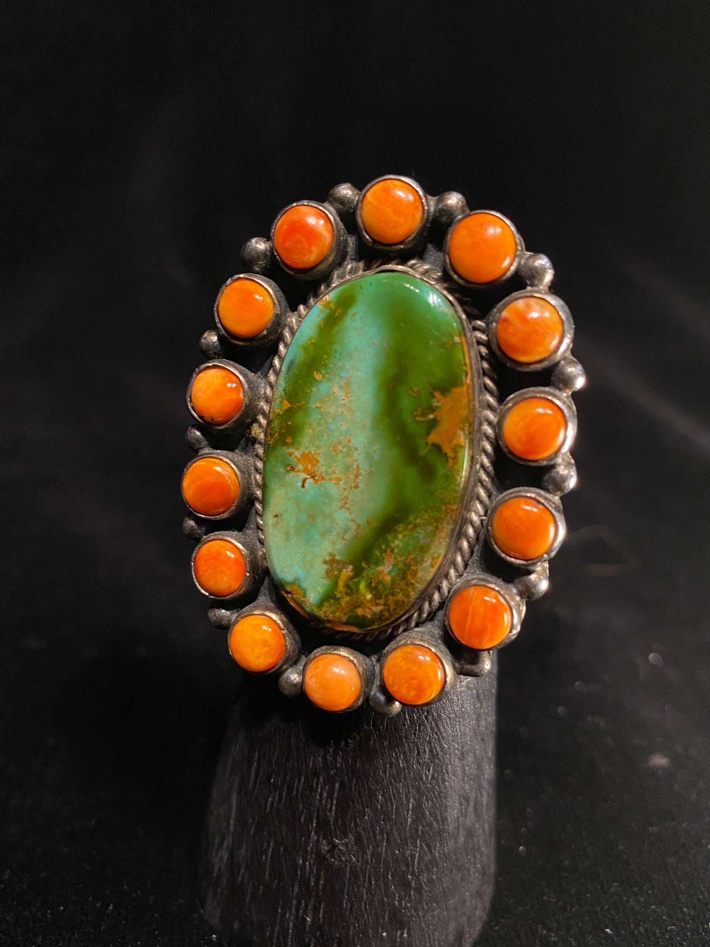Vintage Sterling Silver Orange Jasper and Green Turquoise Statement Ring