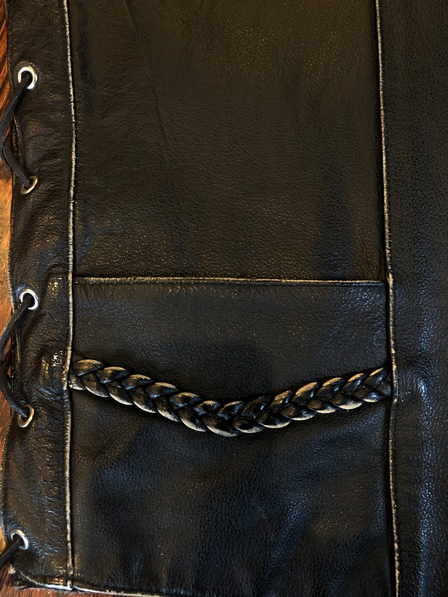 Interstate Black Leather Snap Button Vest w/ Braided Details