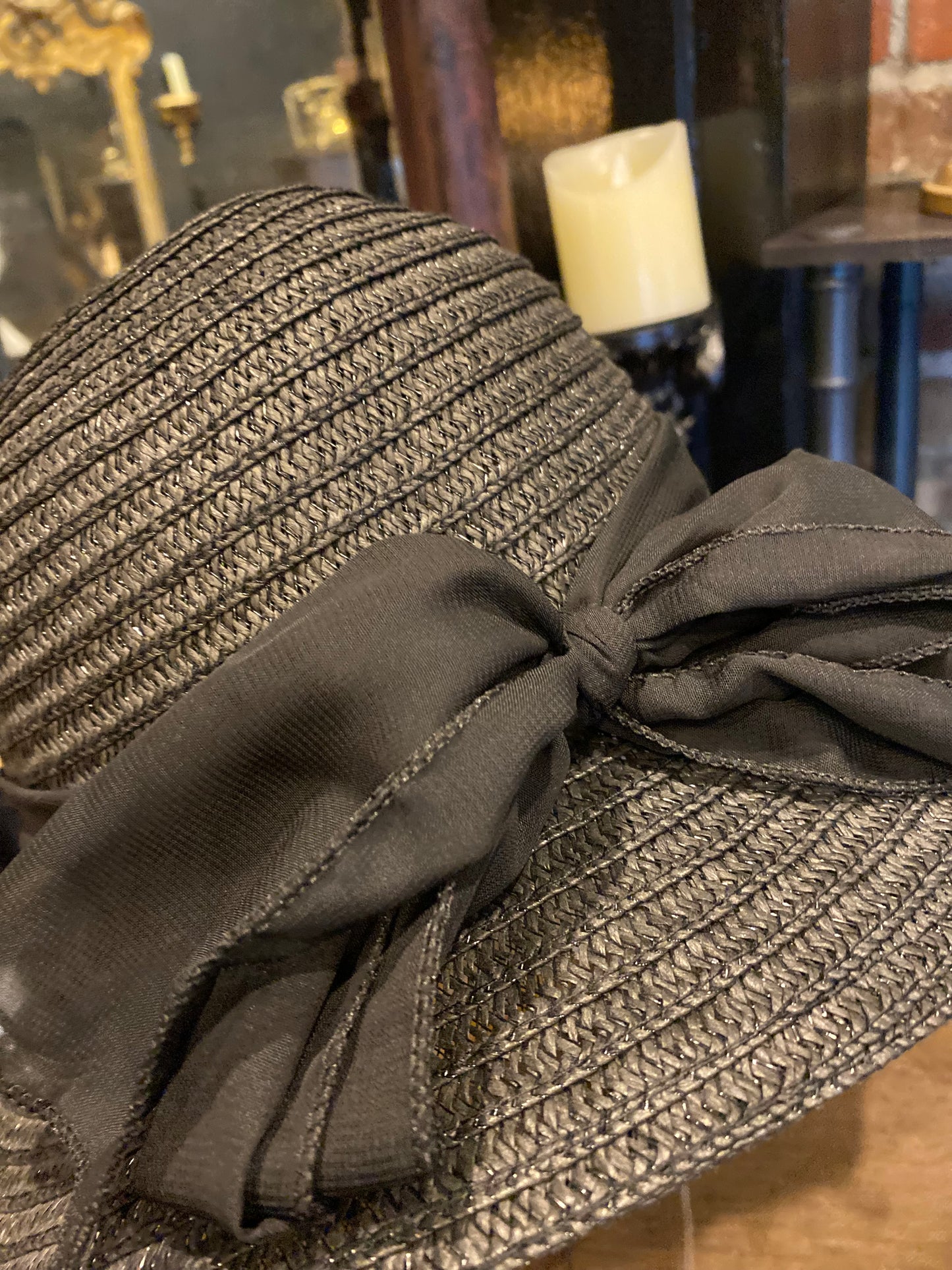 Black Paper Straw Sun Hat With Bow