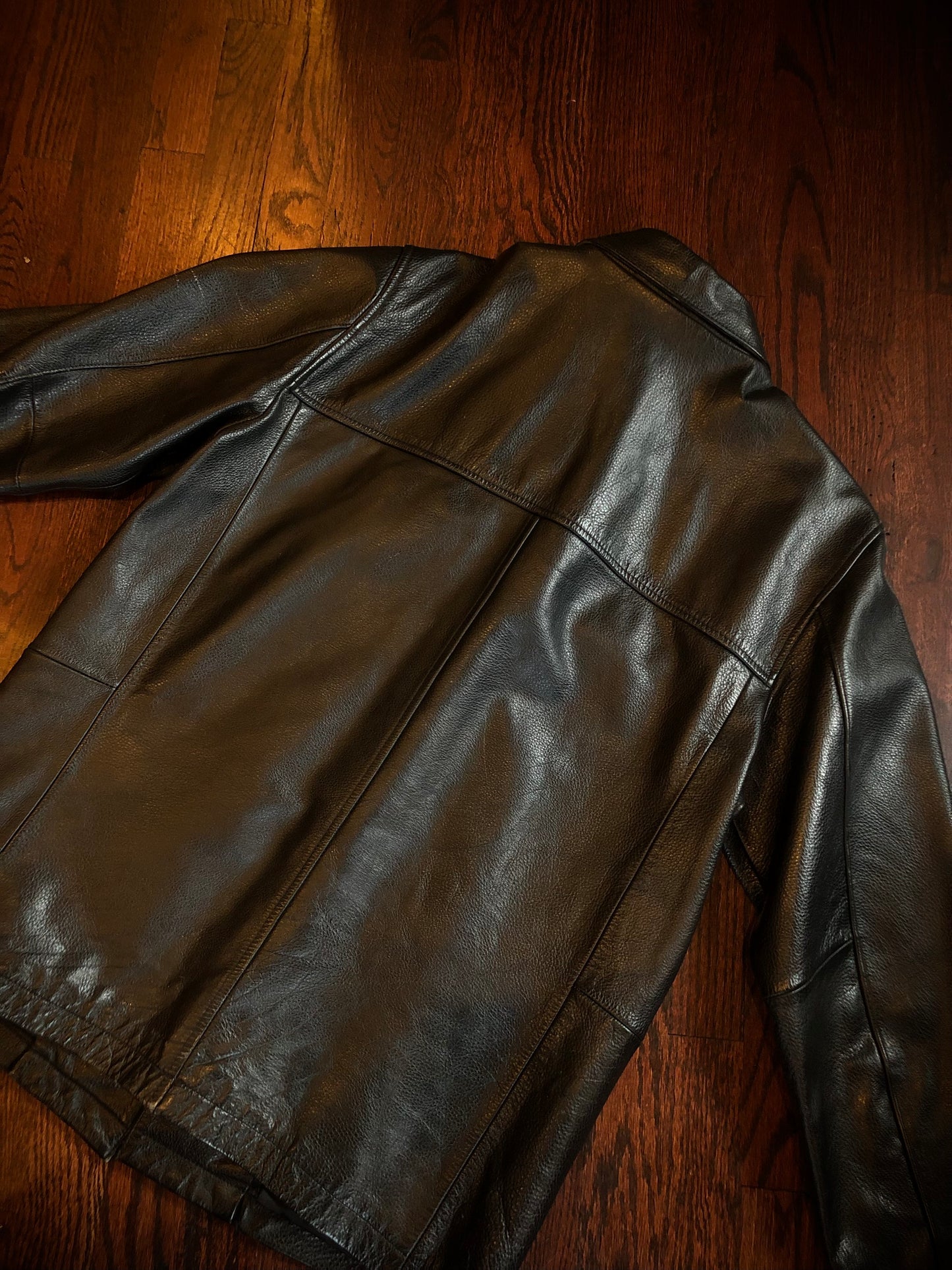 Structure Buttoned Black Leather Coat