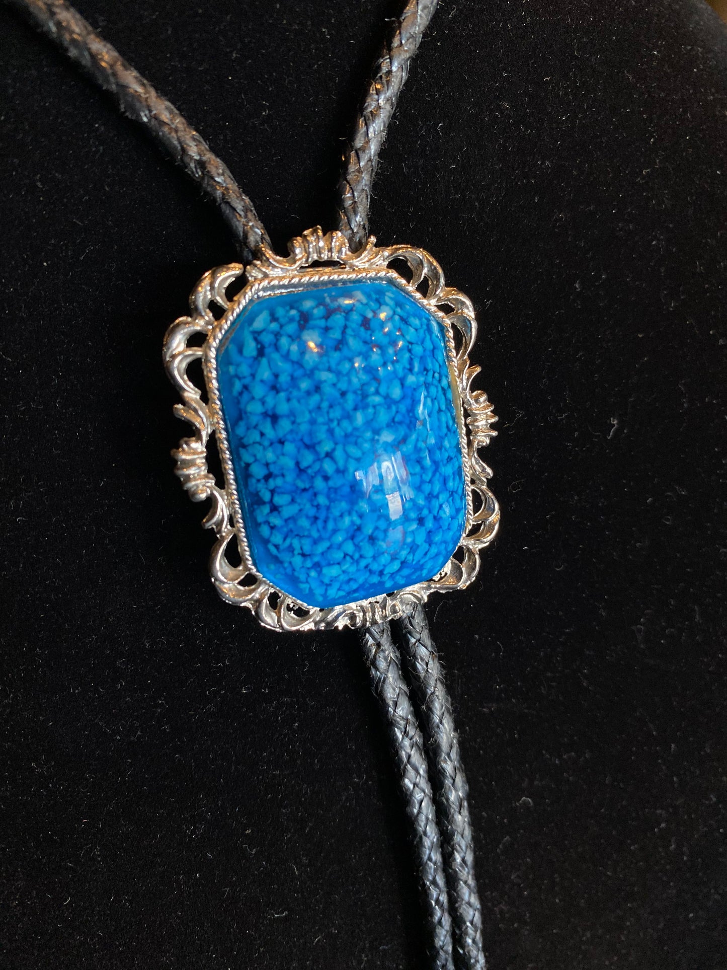 Ornate Silver Framed Blue Inset Bolo Tie