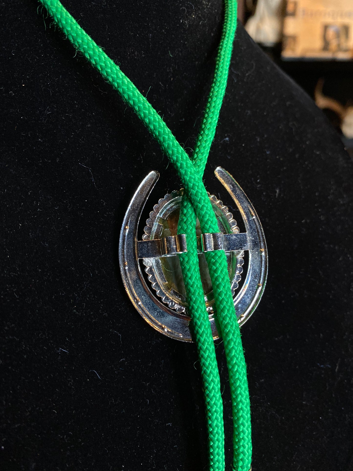 Unakite Jasper Inset Silver Horseshoe Green Bolo Tie