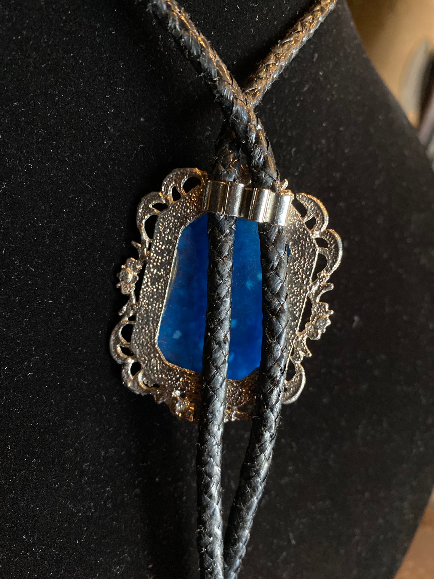 Ornate Silver Framed Blue Inset Bolo Tie