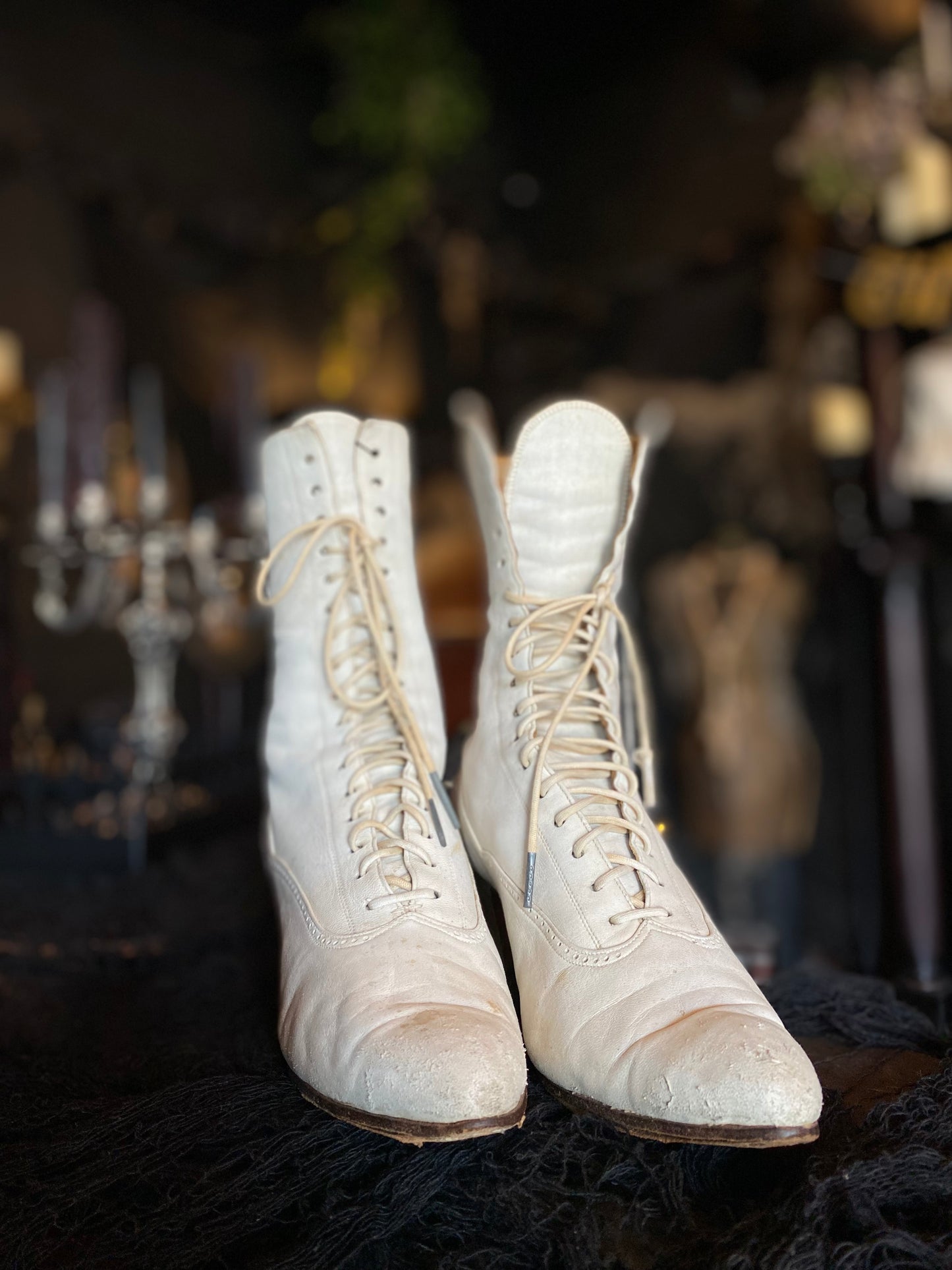 Vintage White Leather Victorian Boots