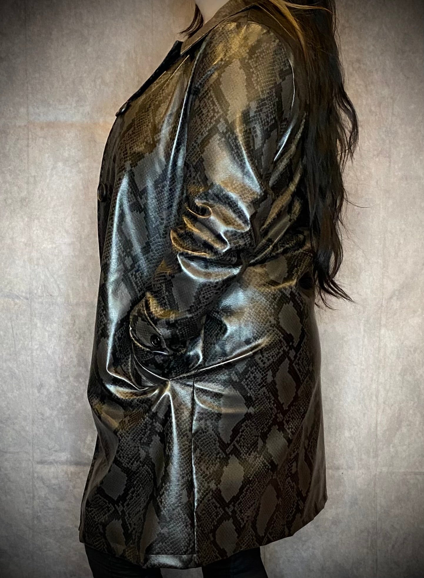 Straight To Hell Snake Print Faux Leather Trench Coat