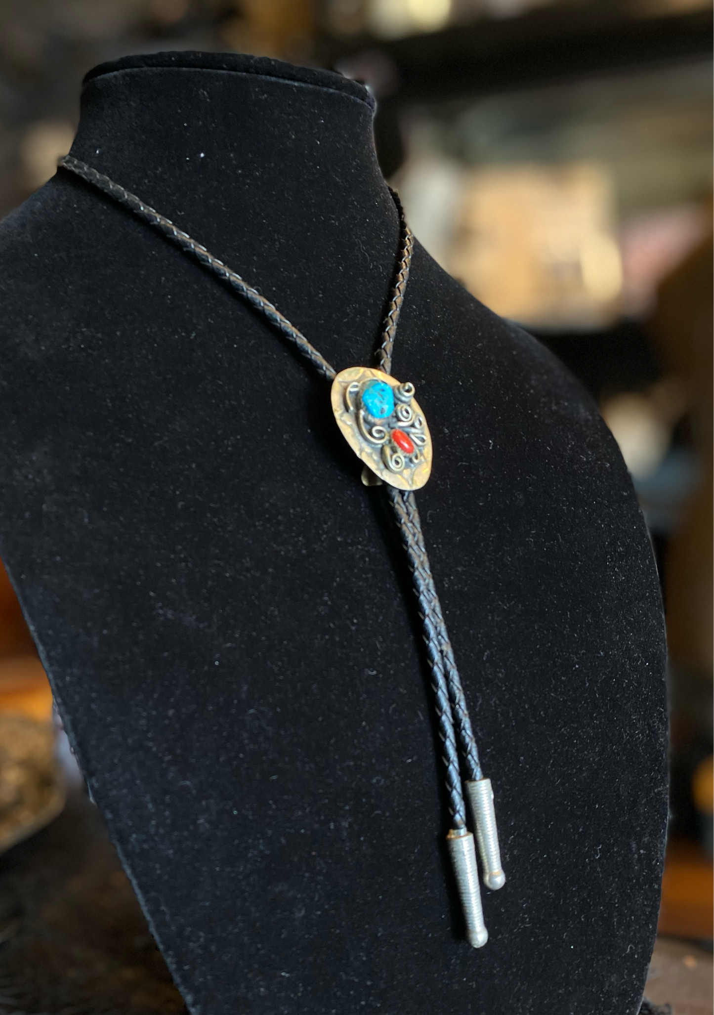 Ornate Silver Turquoise and Red Coral Bolo Tie