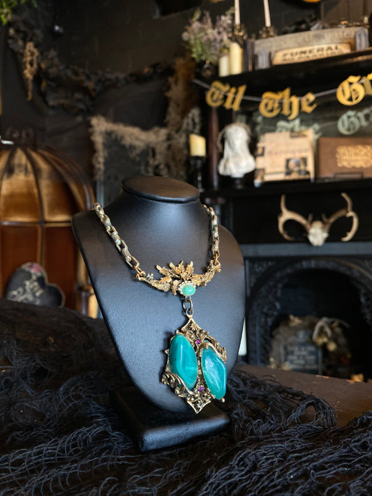 Antique Chrysocolla Inset Ornate Gold Necklace