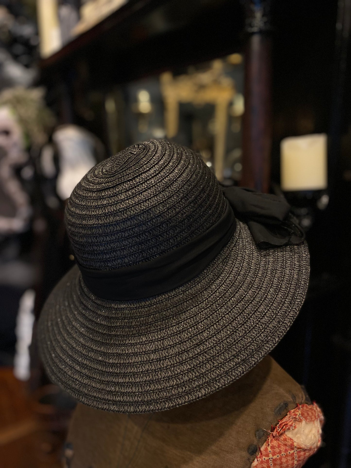 Black Paper Straw Sun Hat With Bow