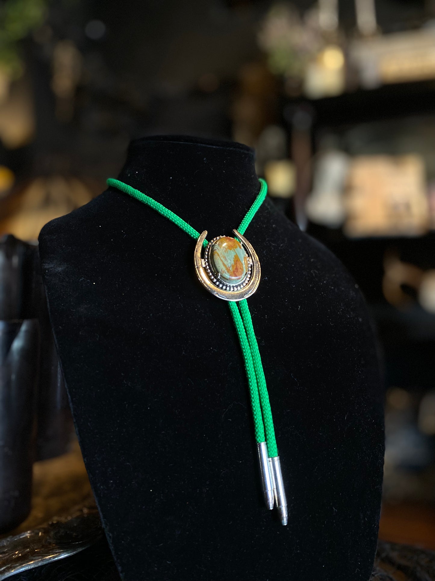 Unakite Jasper Inset Silver Horseshoe Green Bolo Tie