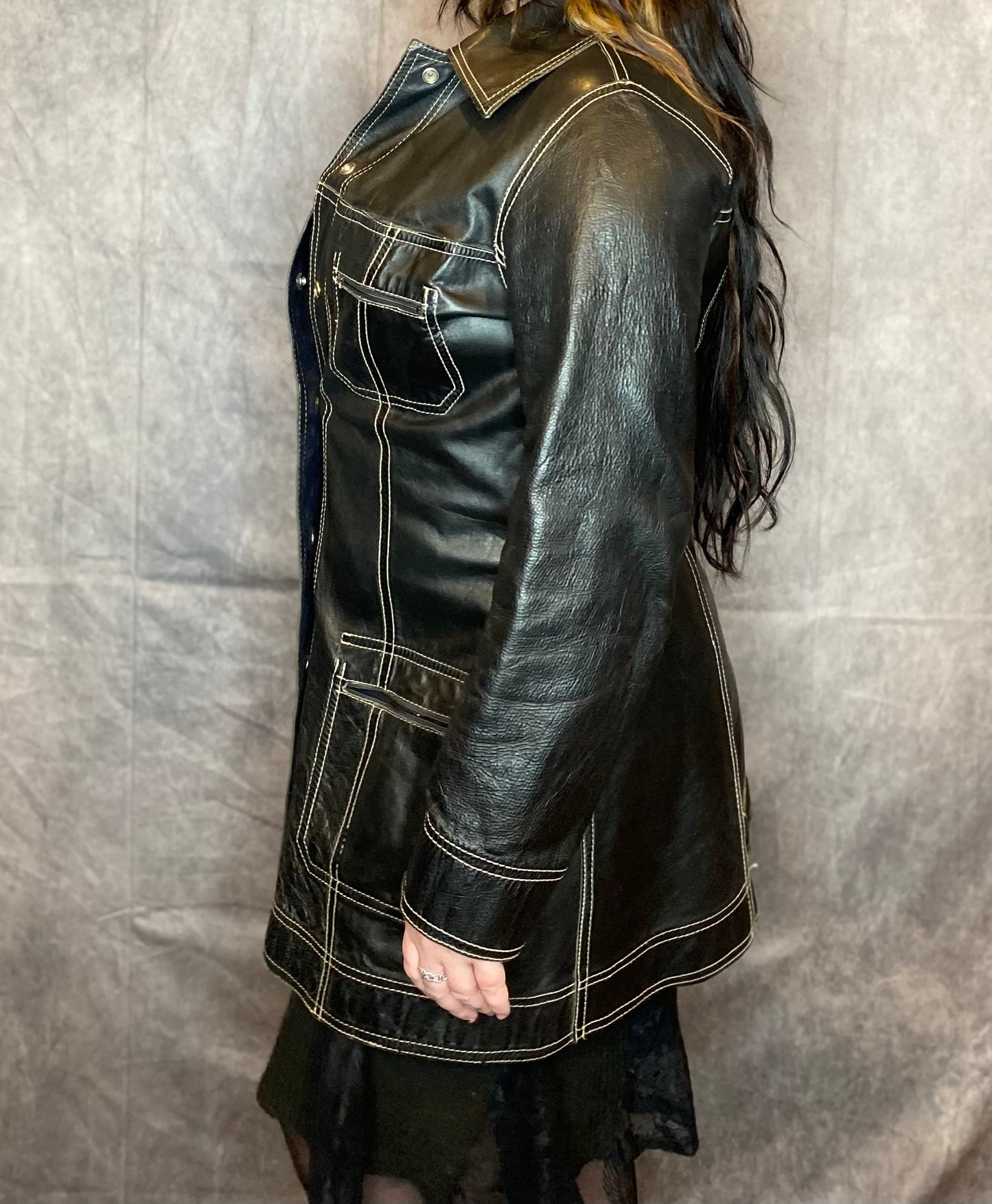 Vintage Black and White Leather Contrast Stitched Coat