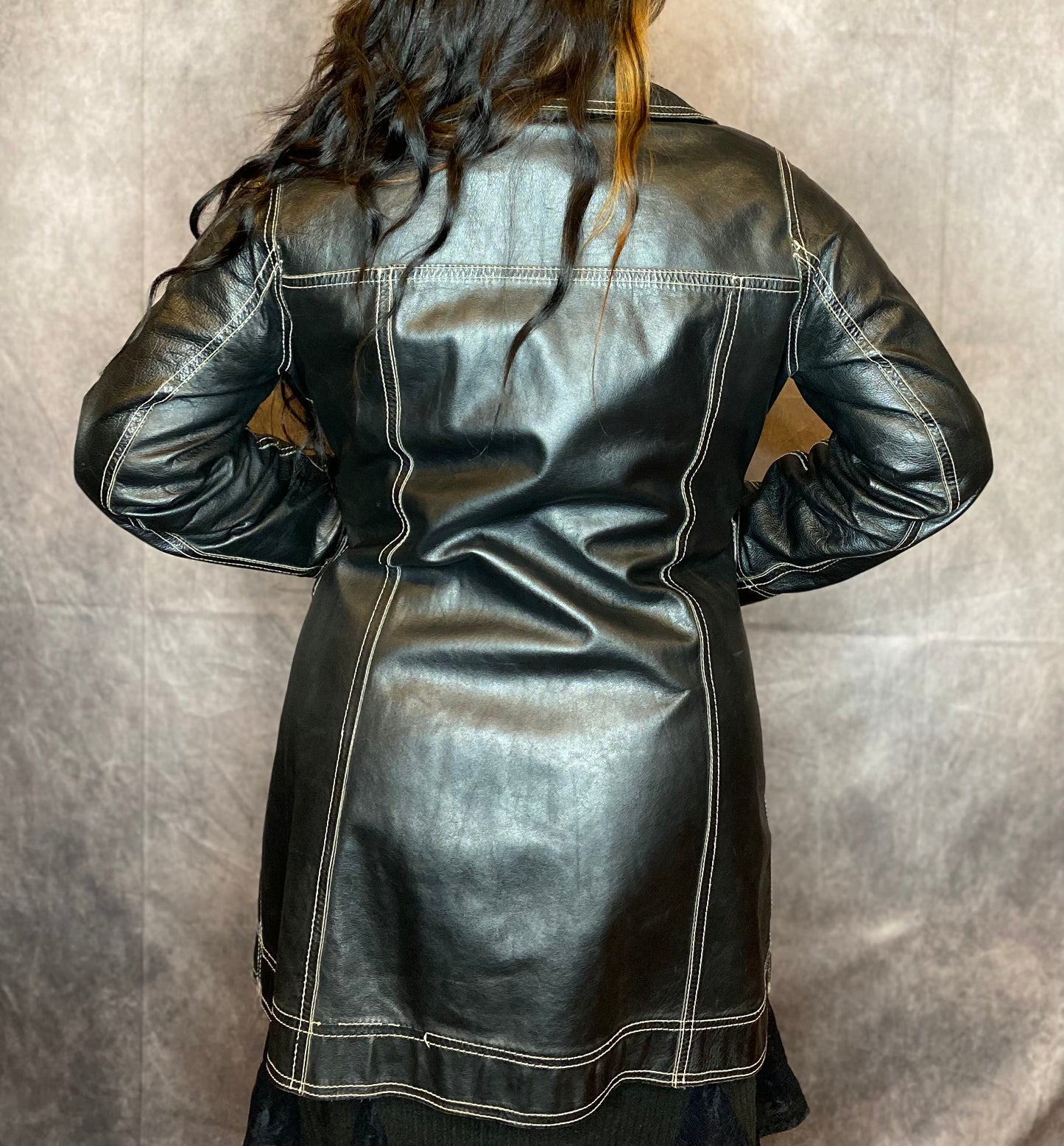 Vintage Black and White Leather Contrast Stitched Coat