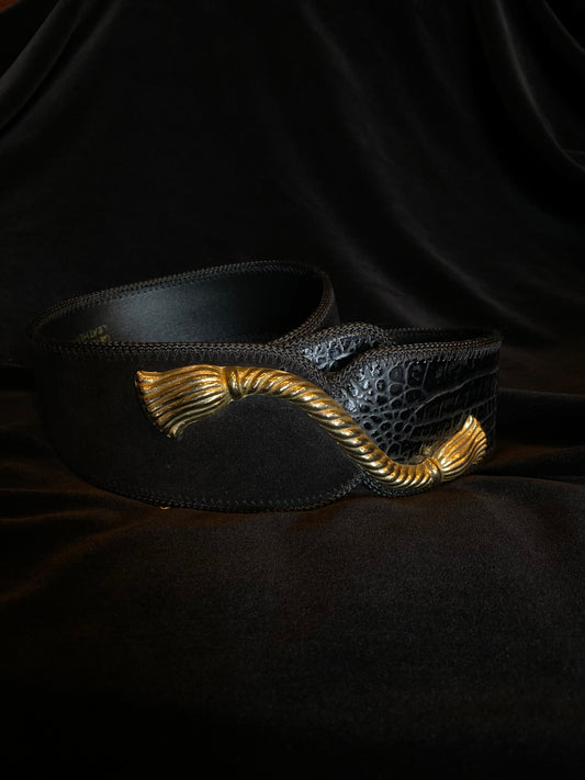Leather Shop Suede and Leather Waist Belt with Gold Rope Appliqué
