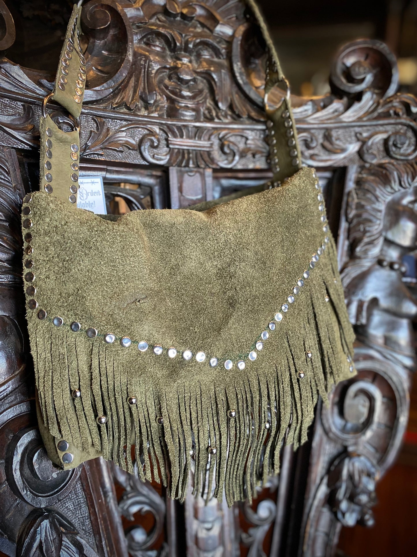 Heathen Hearts Leather Green Genuine Suede Studded Fringe Purse