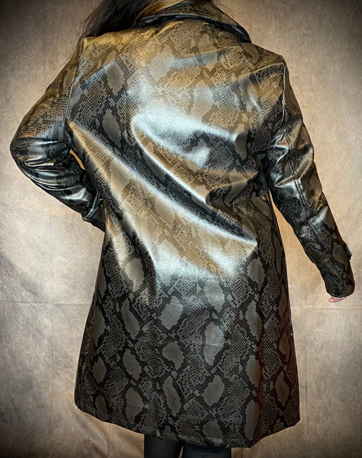 Straight To Hell Snake Print Faux Leather Trench Coat