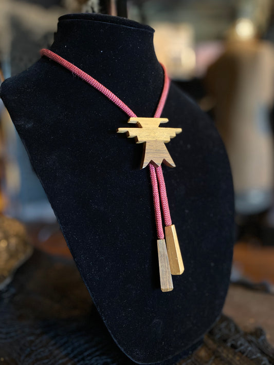 Wooden Geometric Aztec Pendant Red Bolo Tie