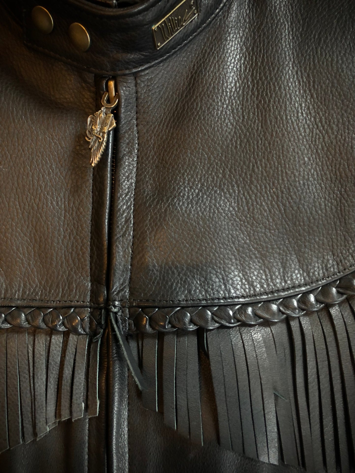 Willie G For Harley Davidson Black Leather Braided Fringe Jacket