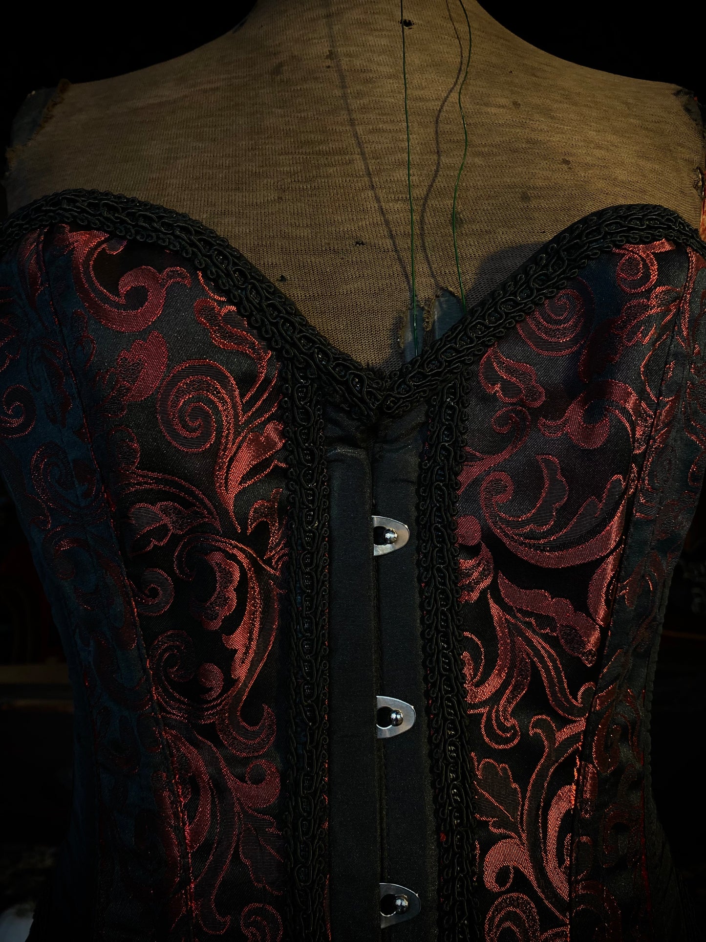 Red And Black Paisley Busk Closure Overbust Corset