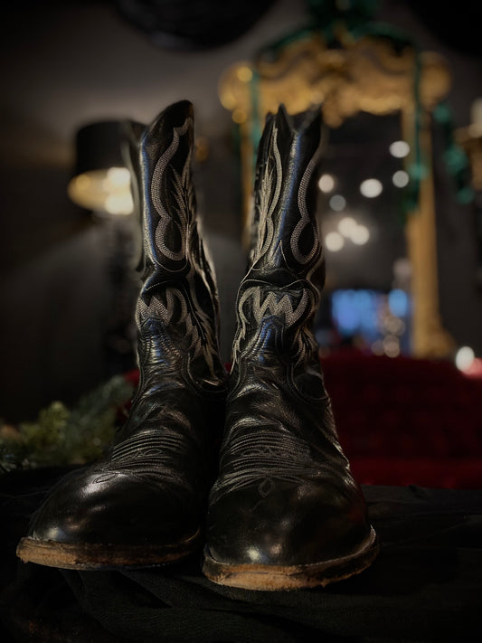 Tony Lama Embroidered Black Leather Cowboy Boots Men’s 10 Extra Wide