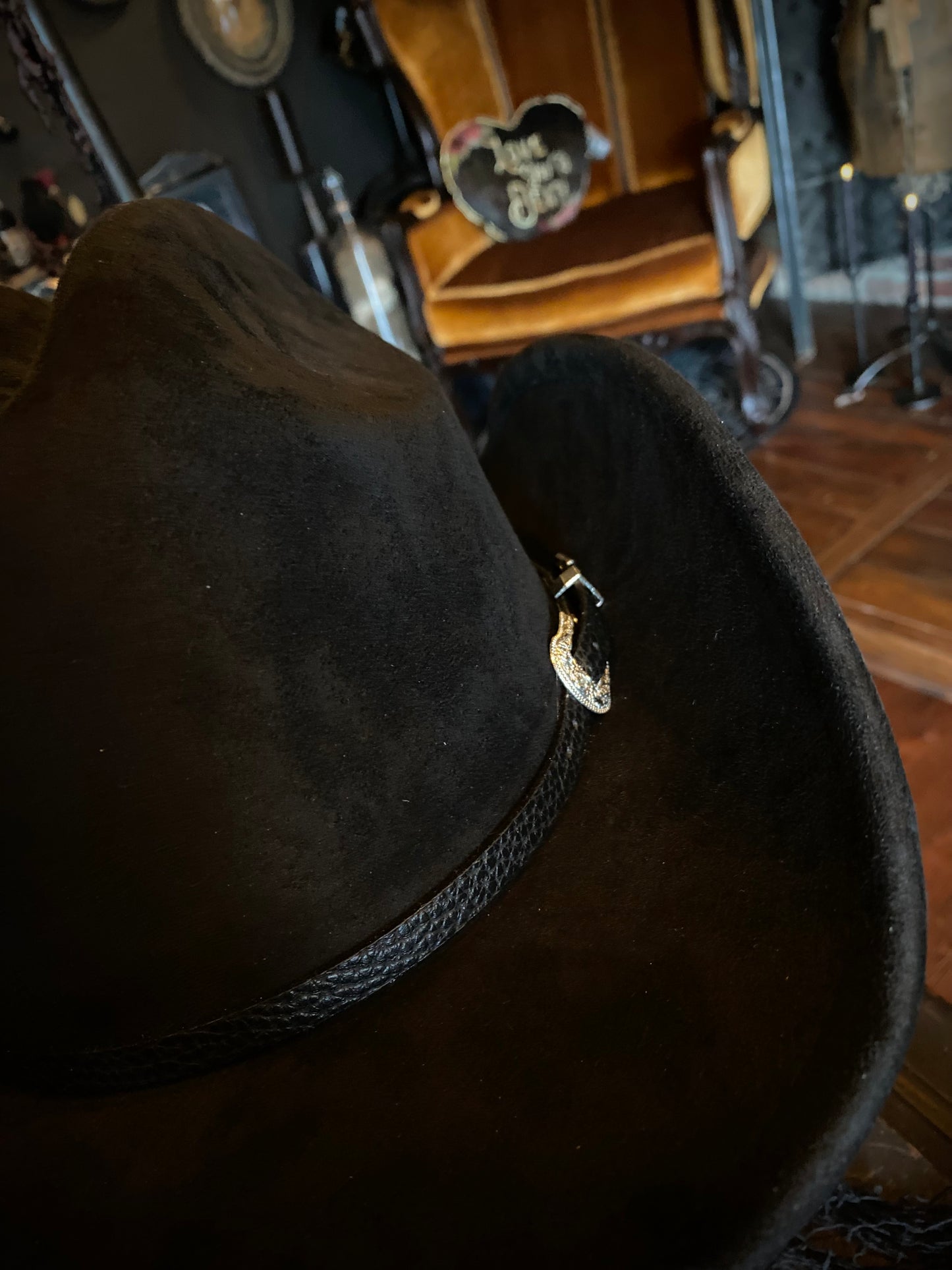 Belt Buckle Banded Black Suede Cowboy Hat