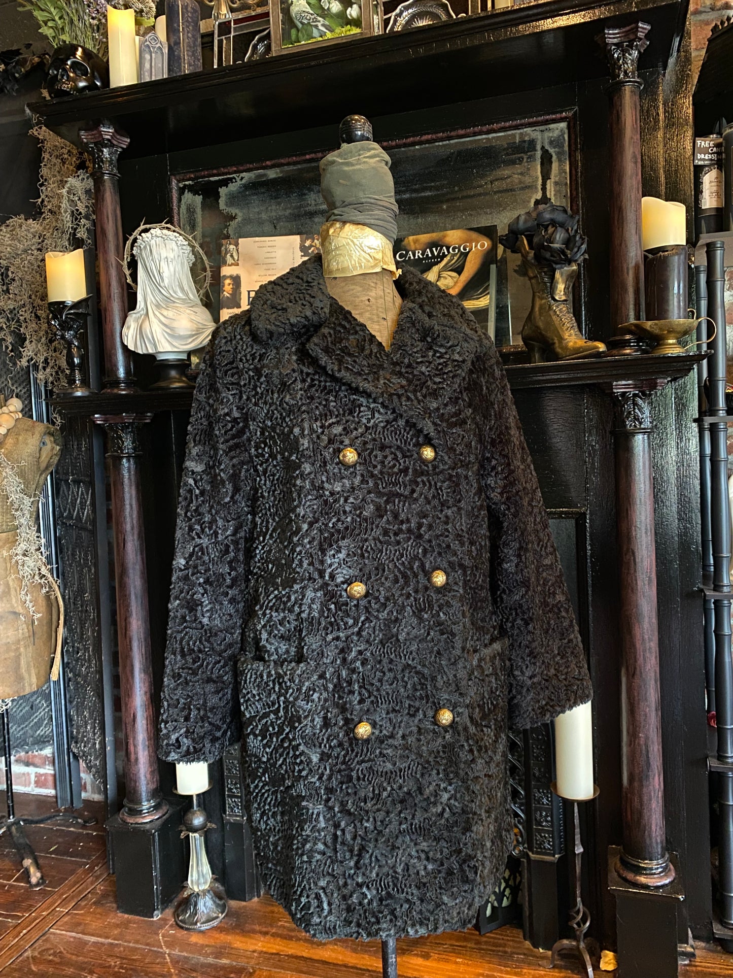 Black Textured Fur Double Breasted Coat