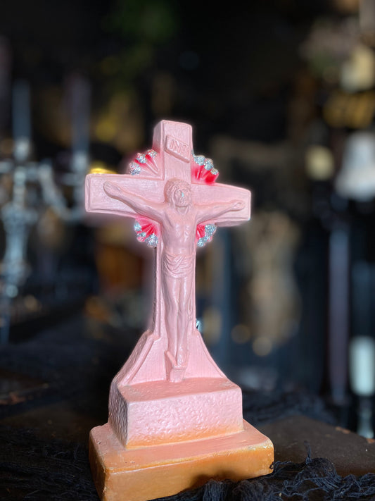 Vintage Ceramic Pink Crucifix Statue