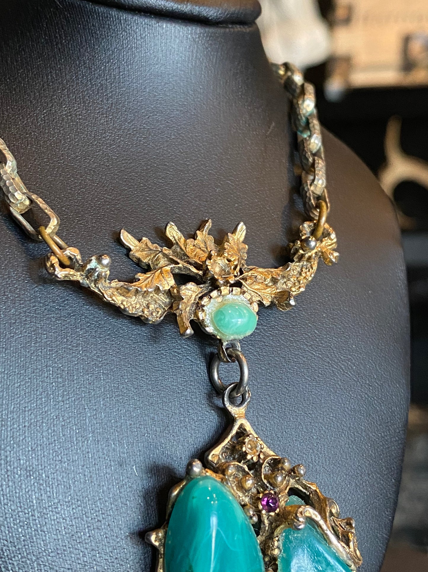 Antique Chrysocolla Inset Ornate Gold Necklace