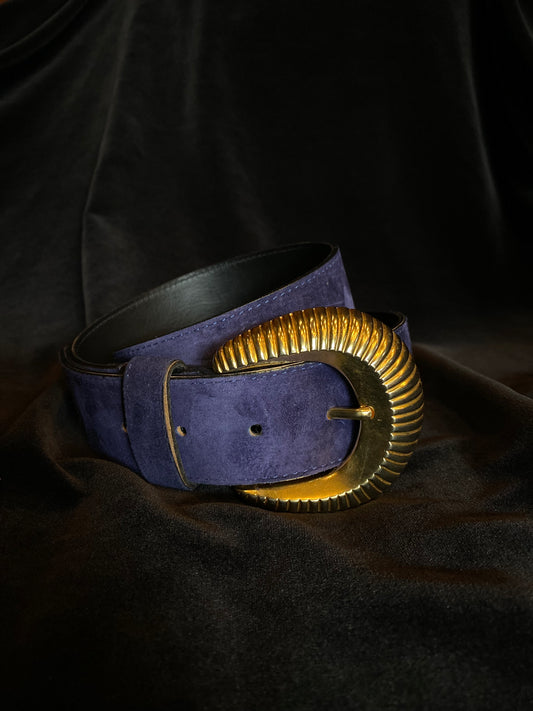 Blue Suede Belt with Gold Buckle