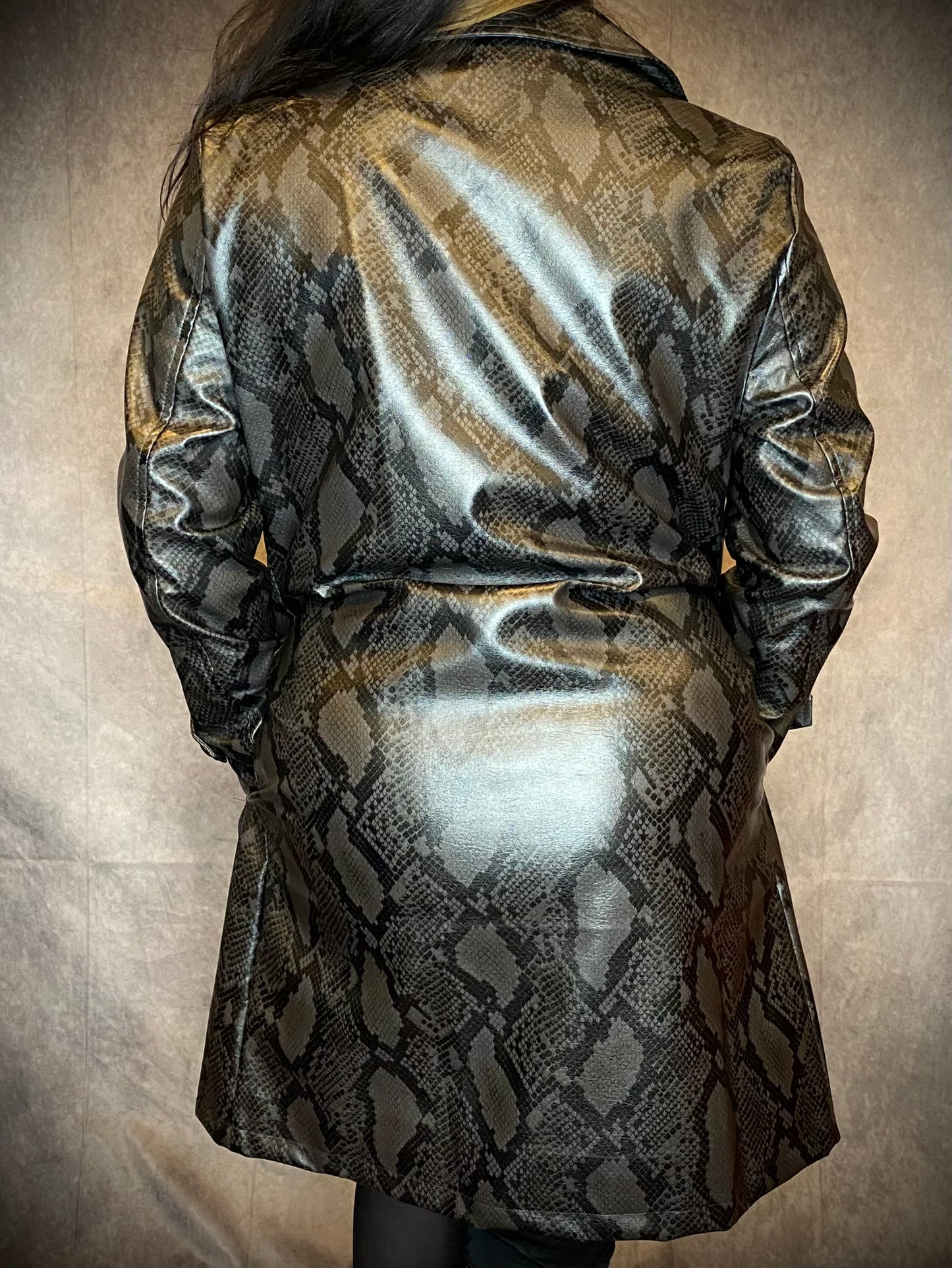 Straight To Hell Snake Print Faux Leather Trench Coat