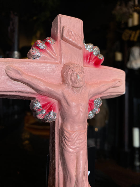 Vintage Ceramic Pink Crucifix Statue