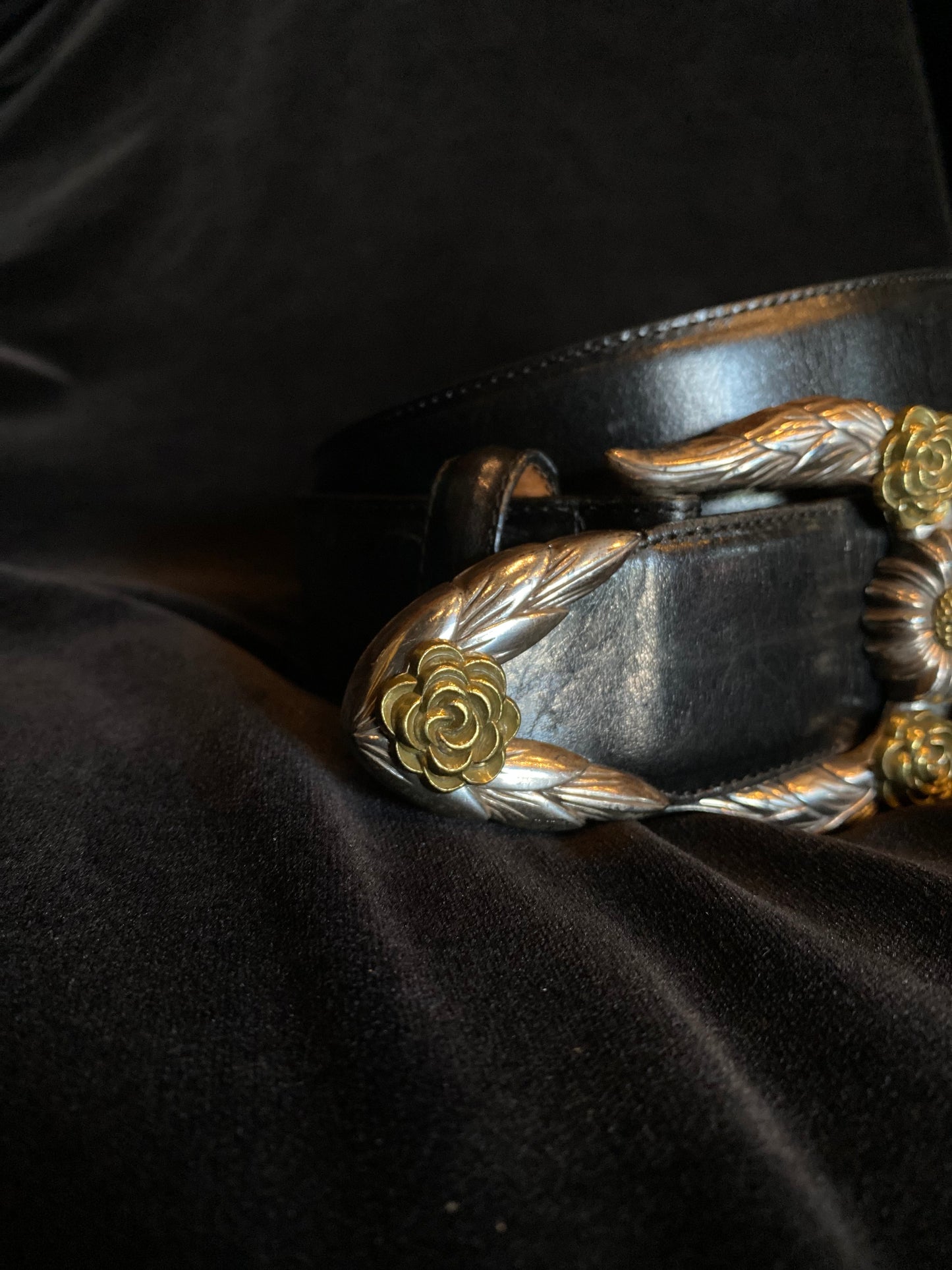 Brighton Black Leather Belt with Silver and Gold Floral Buckle