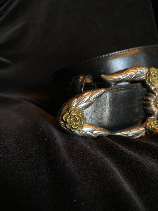 Brighton Black Leather Belt with Silver and Gold Floral Buckle