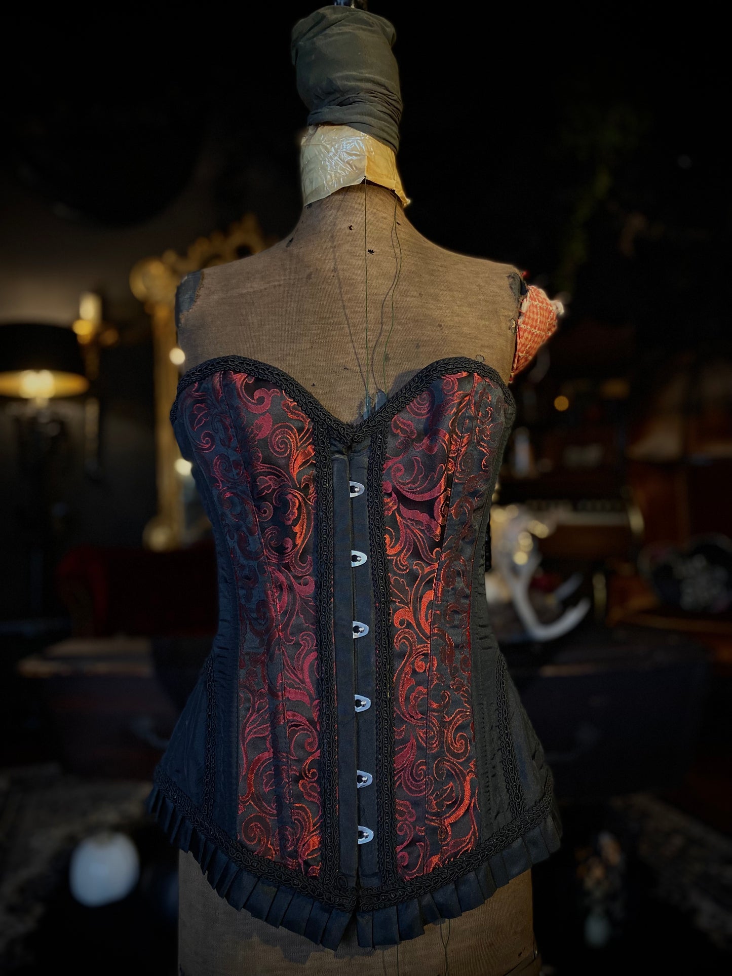 Red And Black Paisley Busk Closure Overbust Corset