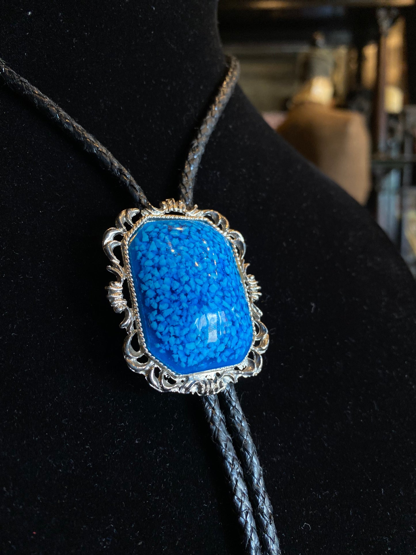 Ornate Silver Framed Blue Inset Bolo Tie