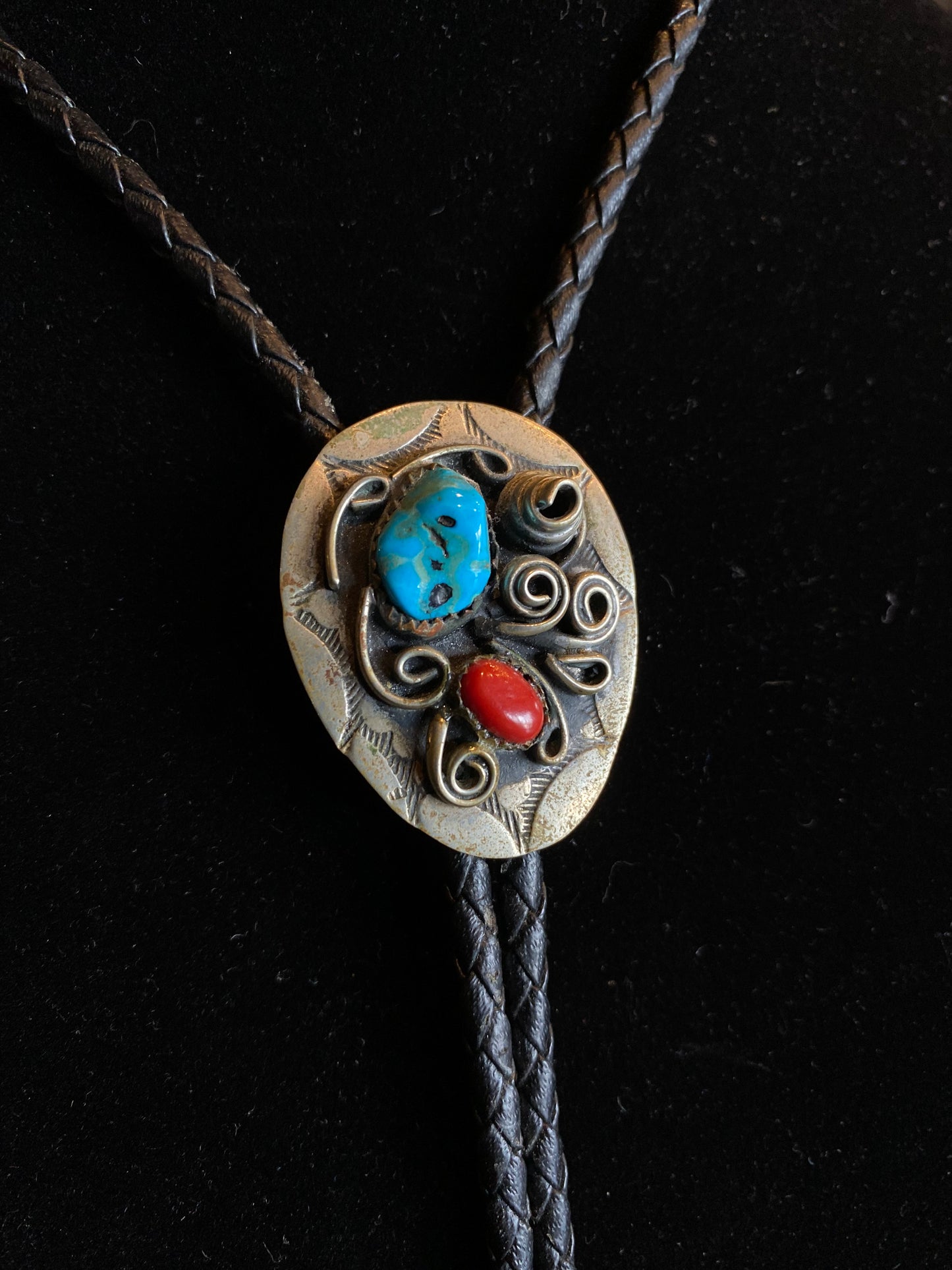 Ornate Silver Turquoise and Red Coral Bolo Tie