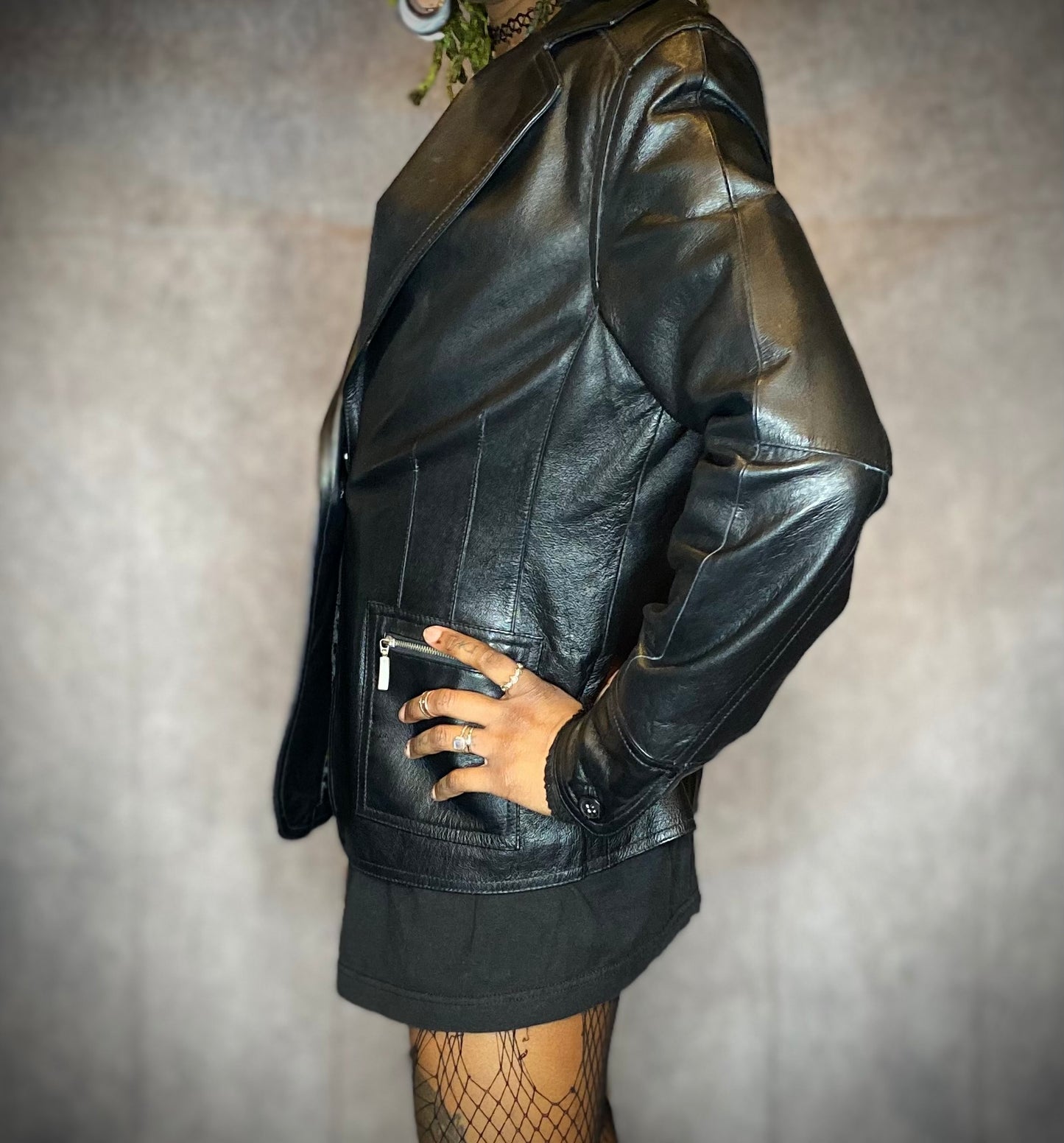 Vintage Clio Black Leather Zipper Pocket Blazer