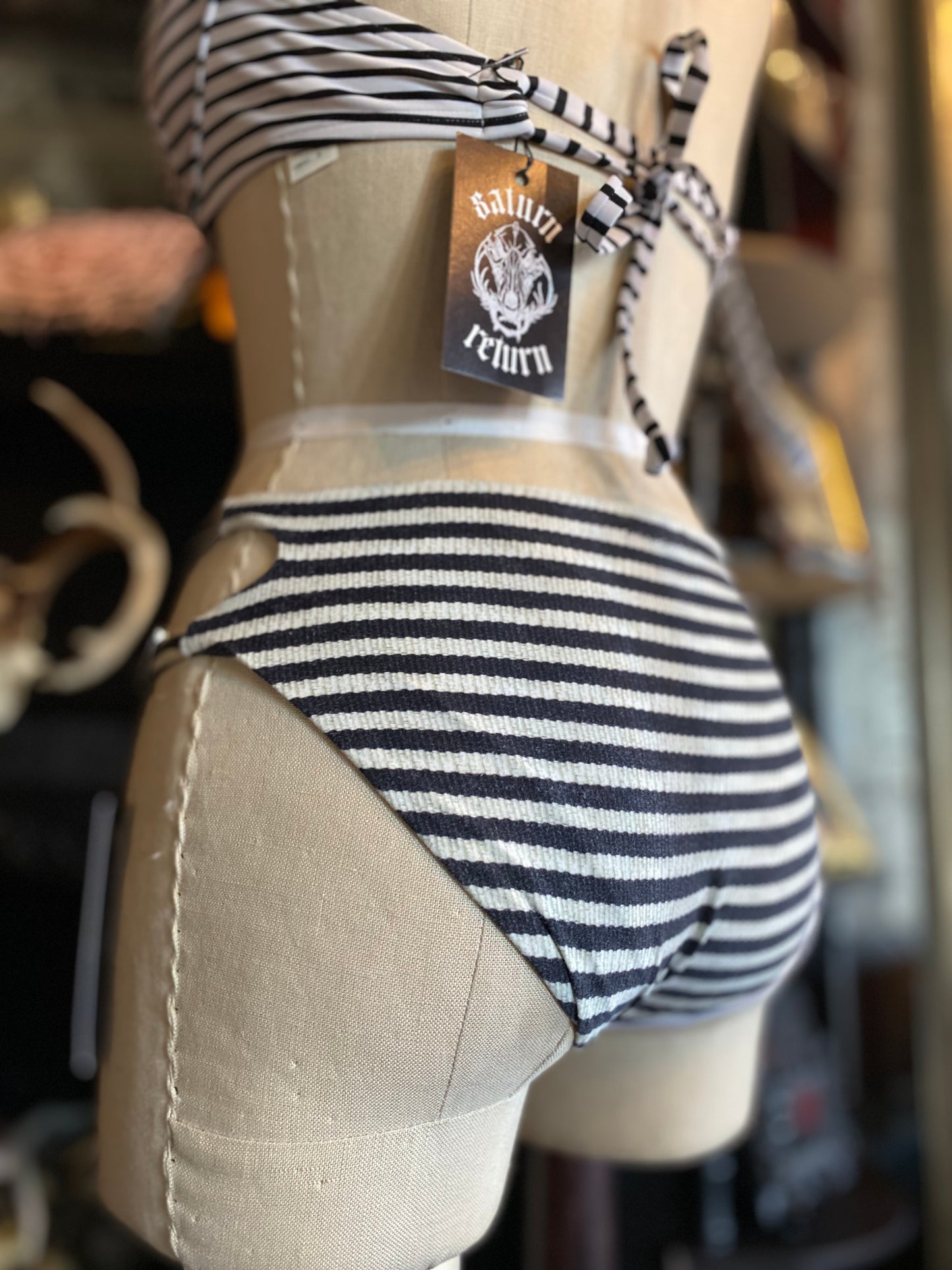 Black and White Striped Cut-Out Swimsuit Bottoms