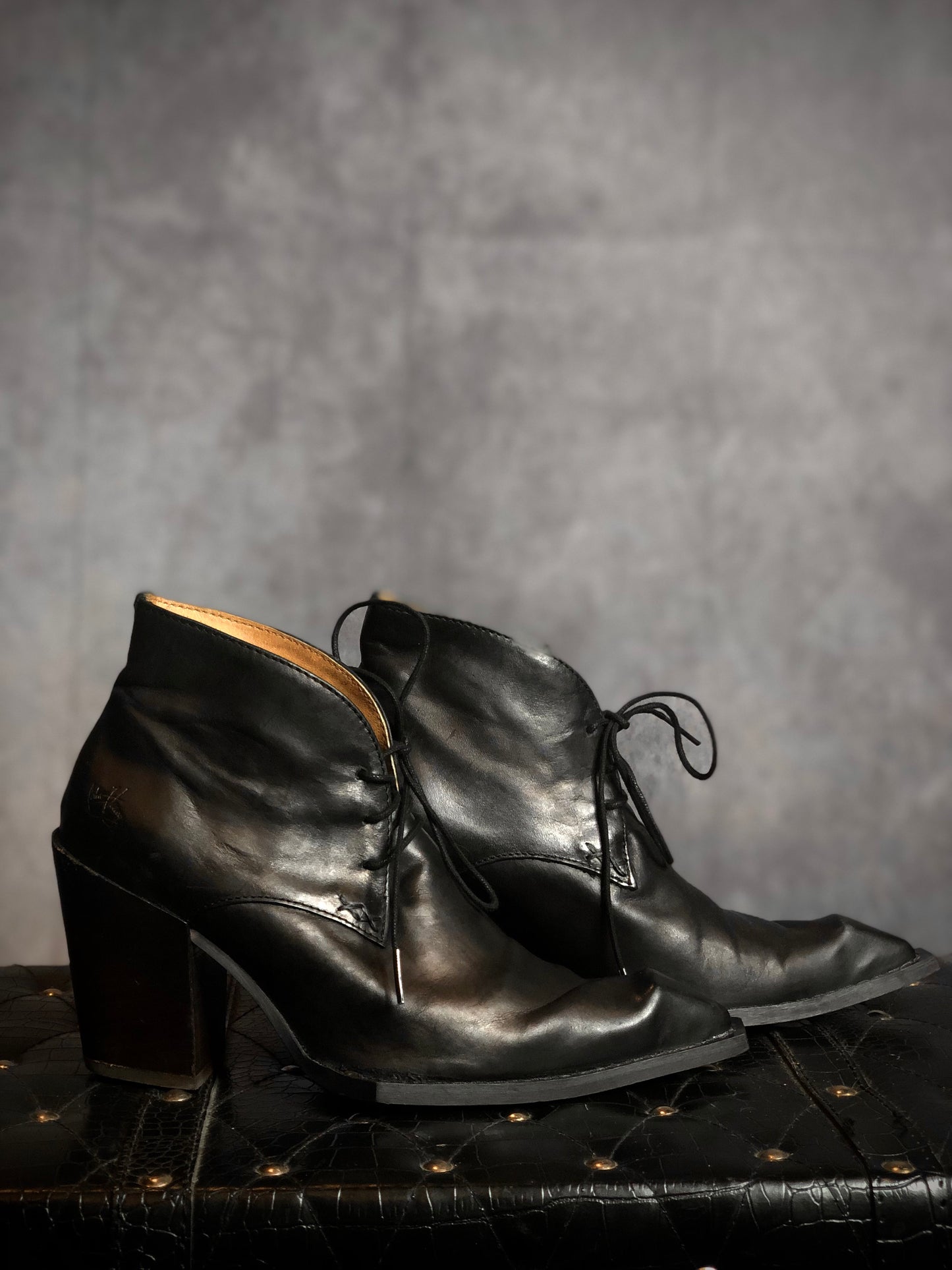 John Fluevog “Surrealist Pizza” Brown Leather Ankle Boots