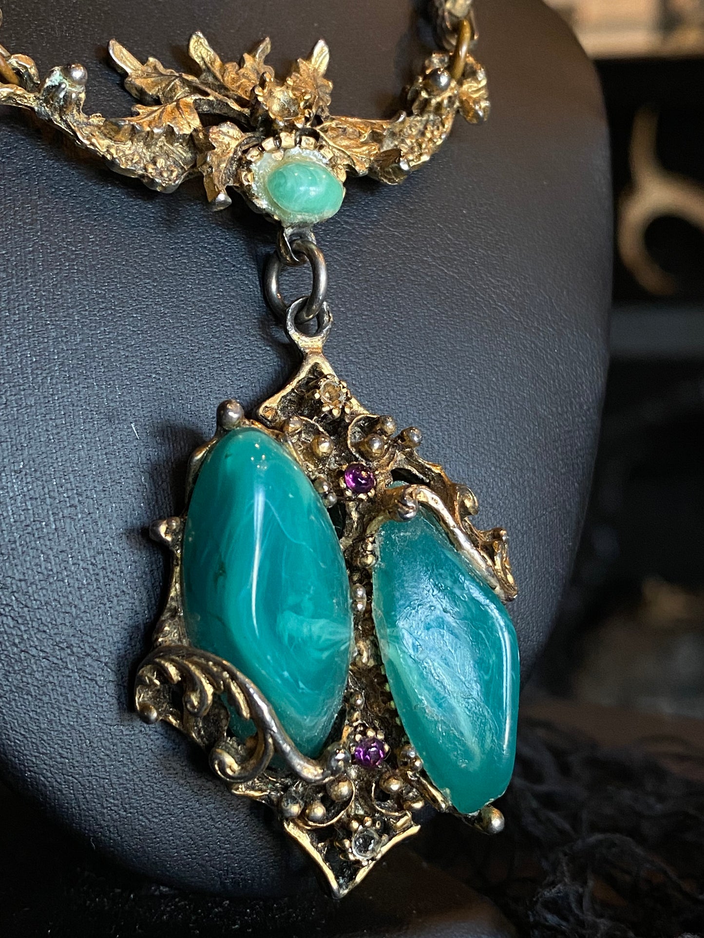 Antique Chrysocolla Inset Ornate Gold Necklace