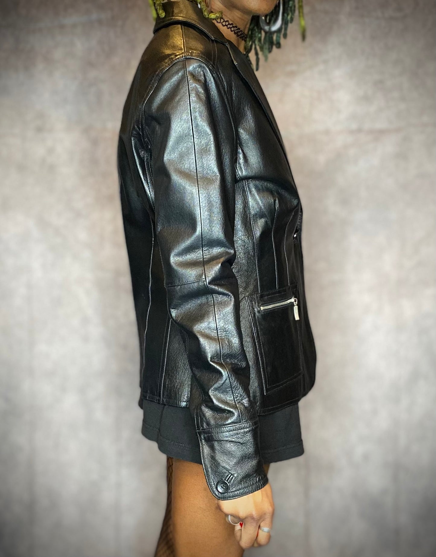 Vintage Clio Black Leather Zipper Pocket Blazer