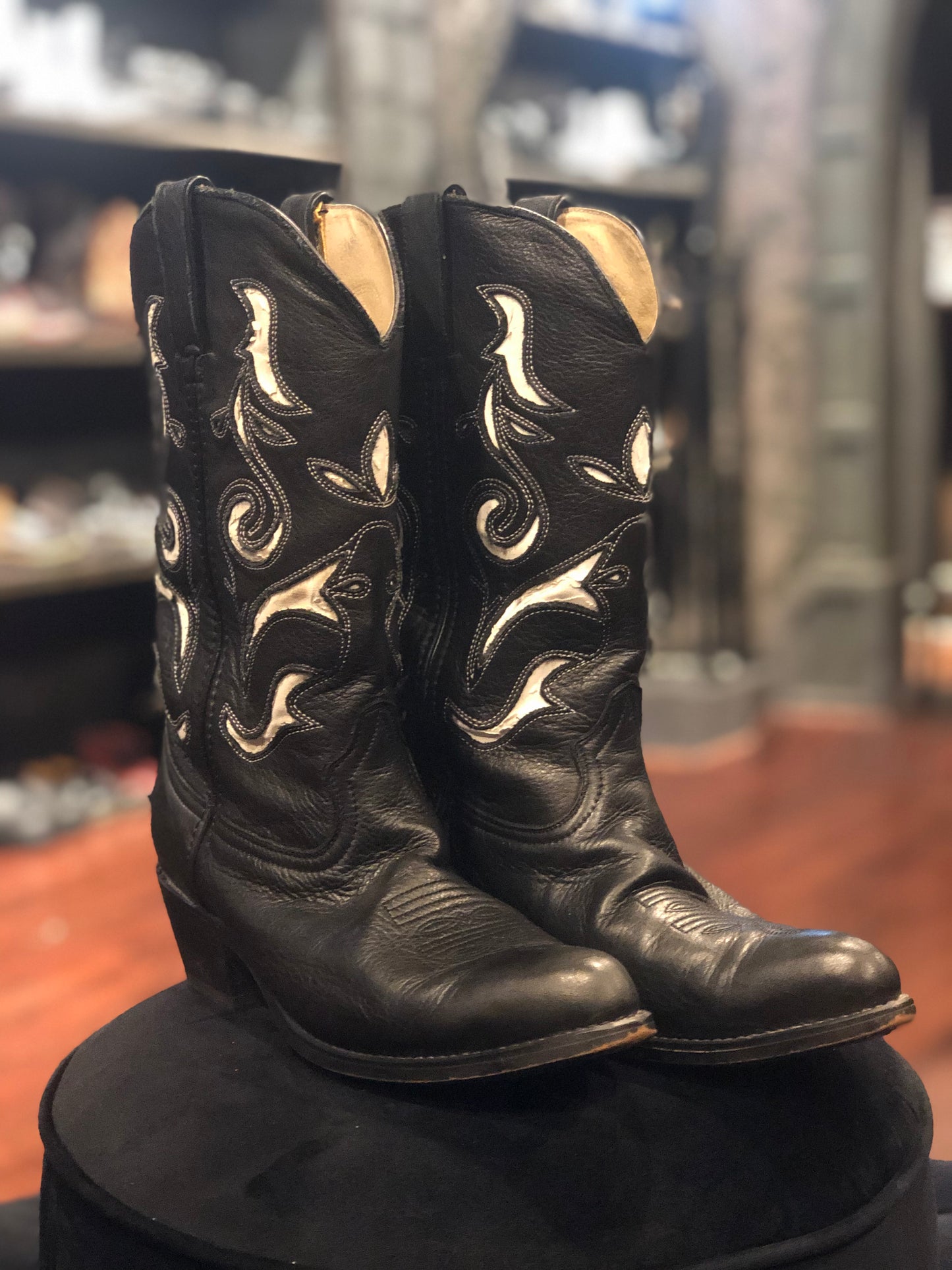 Vintage Durango Black and White Leather Cut Out Cowboy Boots