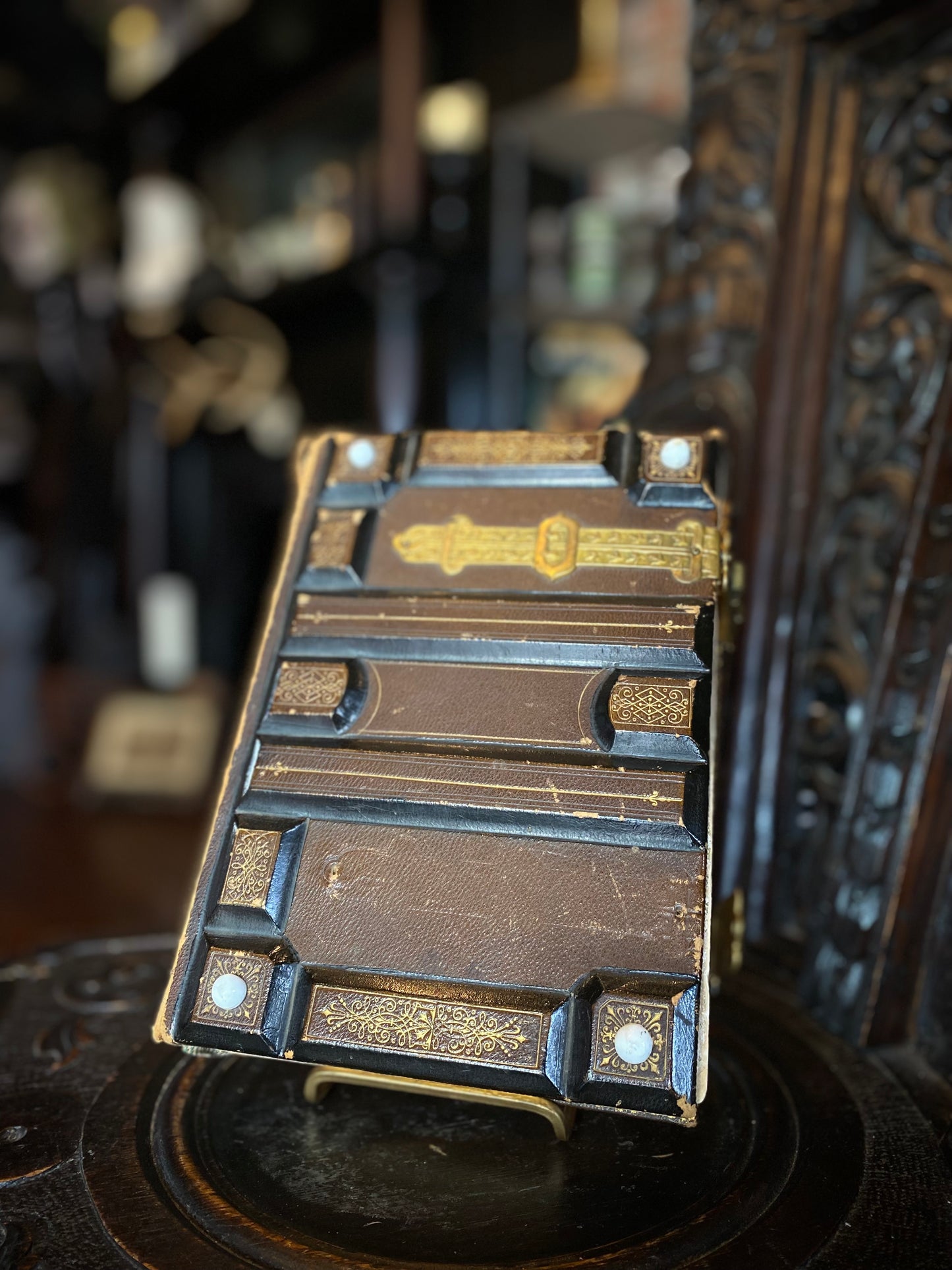 Ornate Leather Hard Cover Antique Photo Album With Victorian Photos Inside