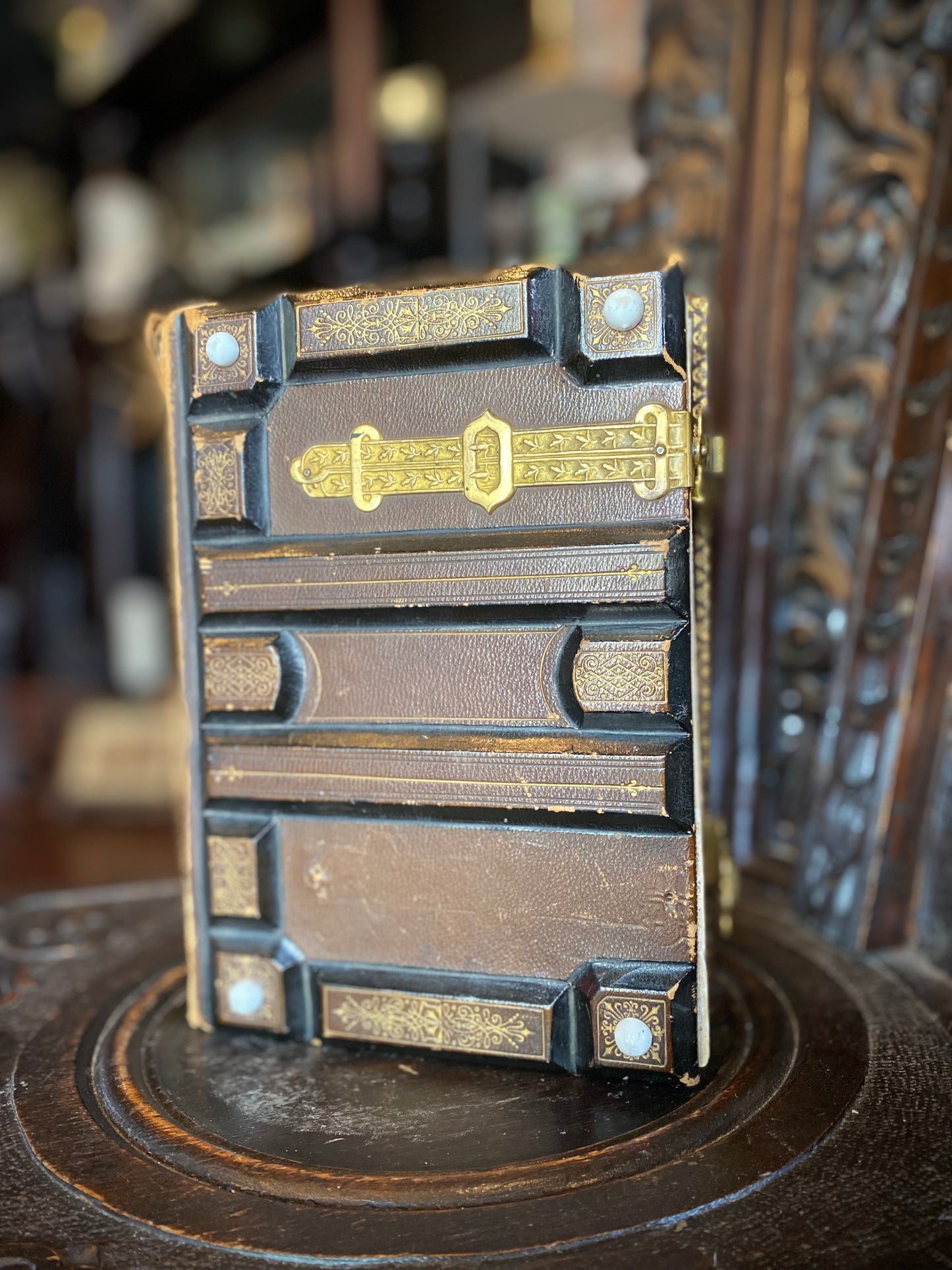 Ornate Leather Hard Cover Antique Photo Album With Victorian Photos Inside